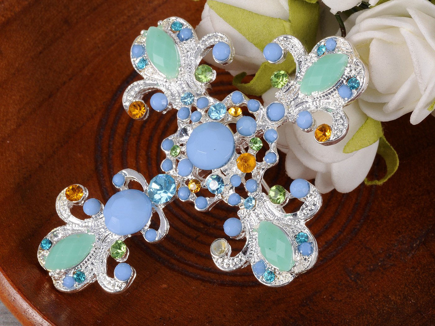 Alilang Victorian Sea Foam Sky Blue Bead Crystal Rhinestone Cross Pin Brooch