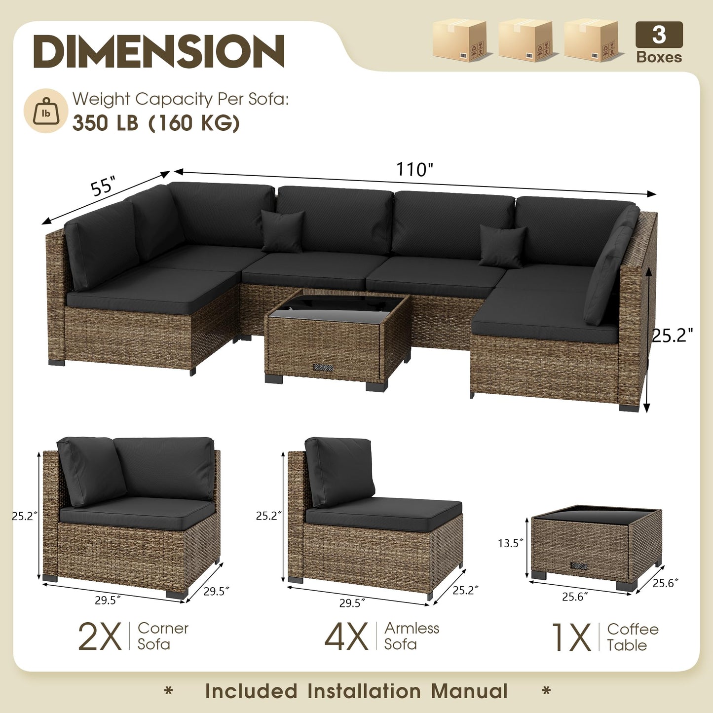 LHBcraft 7 Piece Outdoor Patio Furniture Set, Wicker Patio Furniture Set Outdoor Patio Sectional Sofa for Backyard Rattan Patio Seating with Black Cushion