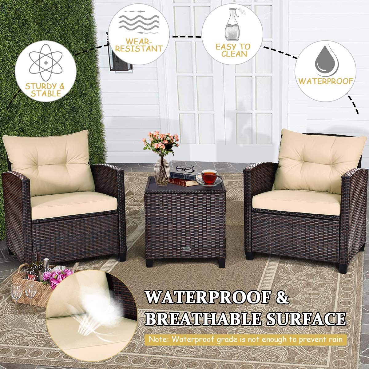AUGESTER 3 PCS Patio Furniture Set, Outdoor PE Rattan Wicker Conversation Sofa Set w/Washable Cushion and Tempered Glass Tabletop, All Weather Chat Sofa for Garden Poolside Balcony Porch (Beige)