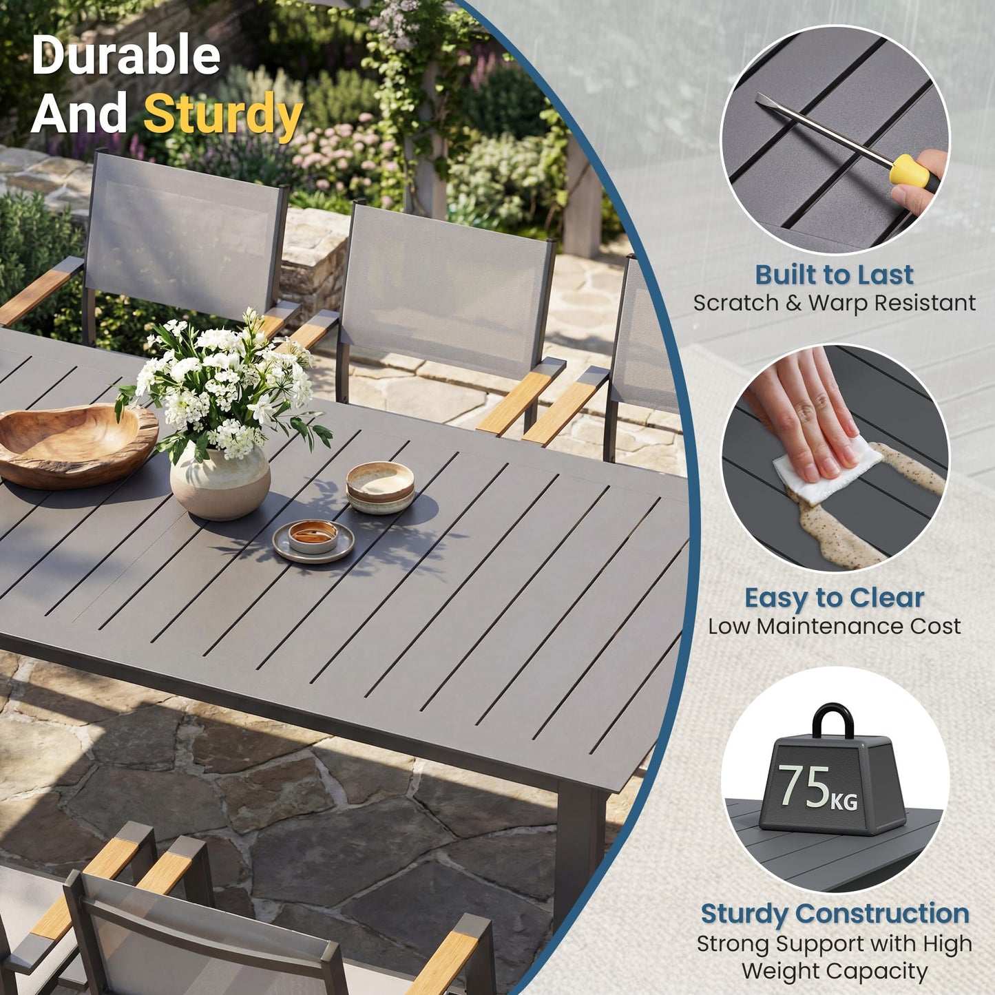 Wisteria Lane 13 Piece Aluminum Outdoor Dining Sets with 3-Adjustable Length Dining Table, 121" L×39.4" W Expandable Patio Table and Chairs Set for 12, Stackable Chairs with Quick Drying Fabric, Grey