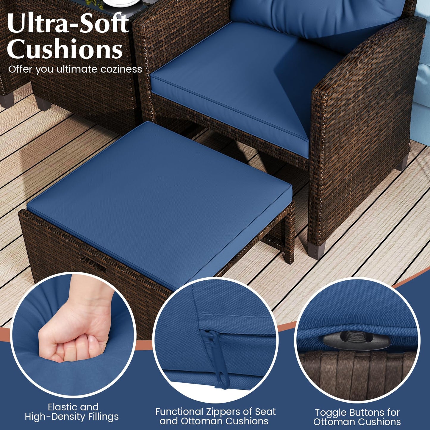 Tangkula 5 Pieces Patio Conversation Set, PE Wicker Rattan Outdoor Furniture Set with 2 Chairs, 2 Ottomans & Tempered Glass Coffee Table, Ideal for Poolside, Backyard, Lawn, Deck, Mix Brown & Navy