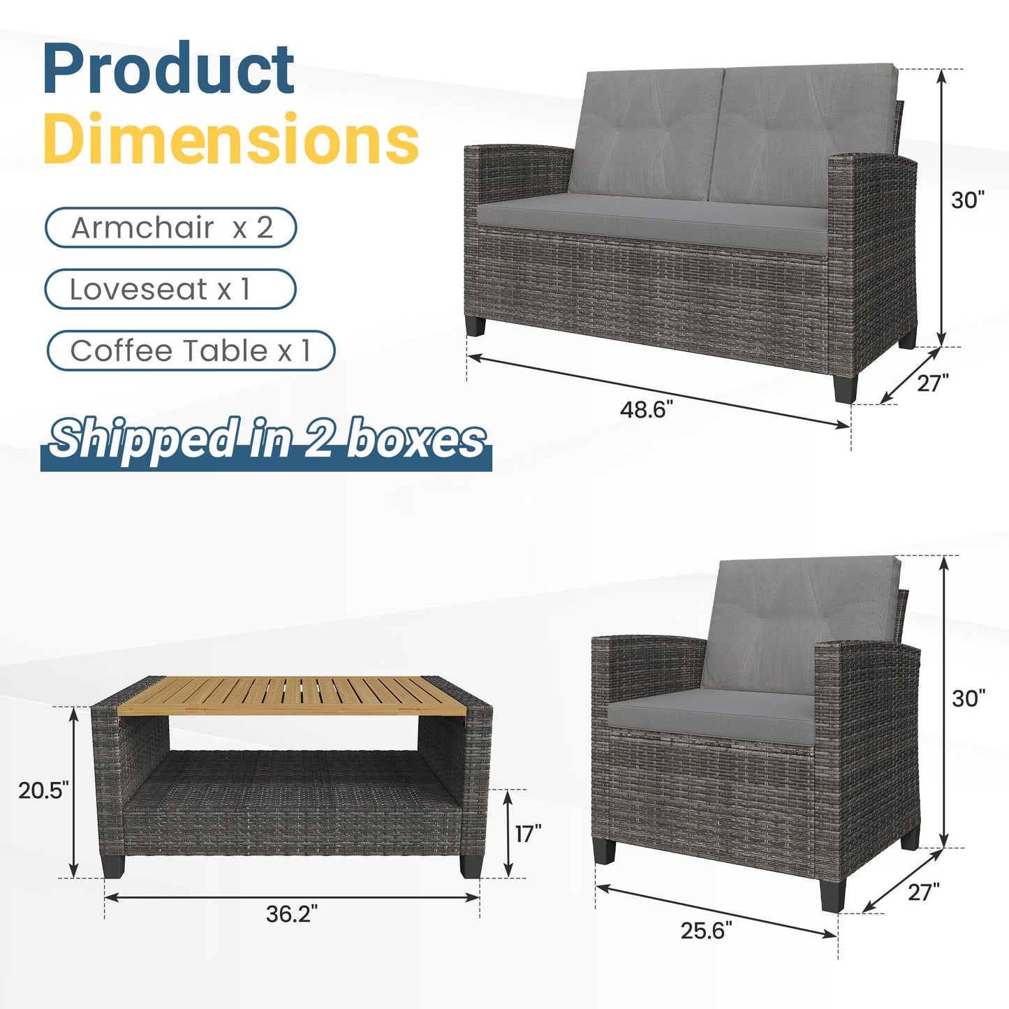 Wisteria Lane 4 Piece Patio Furniture Set, Wicker Outdoor Patio Conversation Furniture Set, All Weather Outdoor Patio Sofa with Cushion and Wood Table, Grey Wood