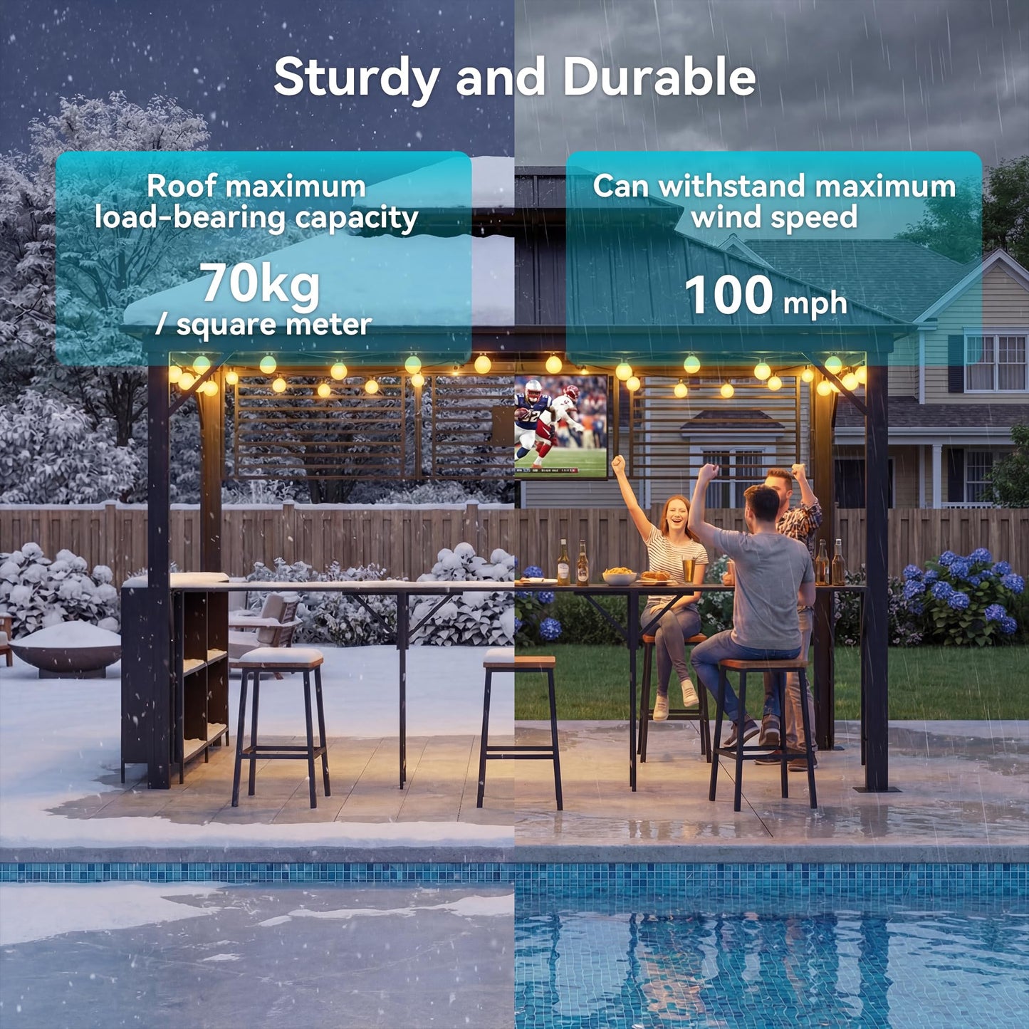 COSIEST 12x10 FT Hardtop Gazebo with Bar Counter, Heavy Duty Aluminum BBQ Grill Gazebo, Galvanized Steel Double Roof Permanent Outdoor Shelter, 15 PSF Snow Load, Black