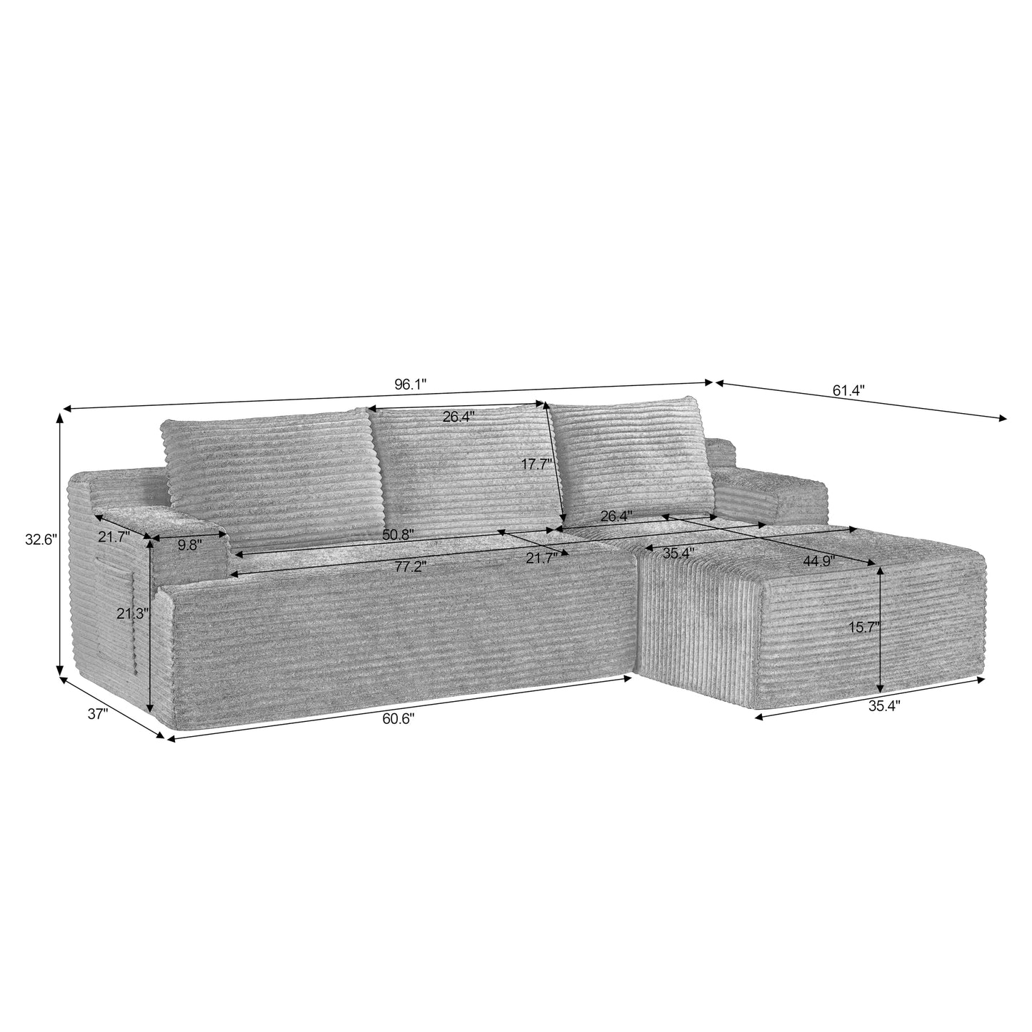 96" Modular Sectional Sofa, Cloud Sectional Couch with Deep Seat, Modern L-Shape Corner Sofa Couch with Right Facing Chaise,Upholstered Boneless Couches for Living Room Bedroom
