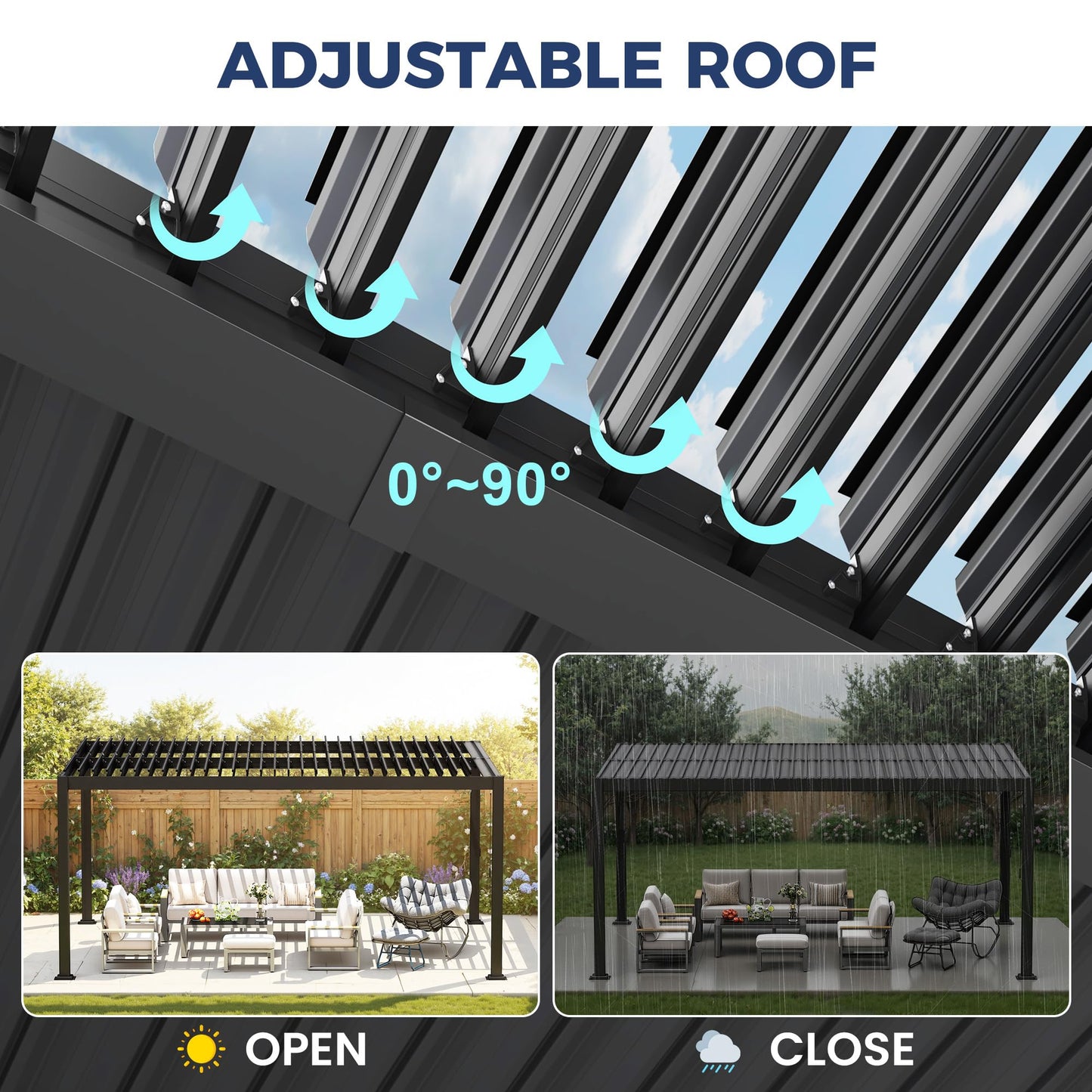 12' x 16' Louvered Pergola, Outdoor Pergola with Metal Adjustable Louvered Roof & Gutter System, Hardtop Patio Gazebo for Backyard, Patio, Garden, Dark Gray