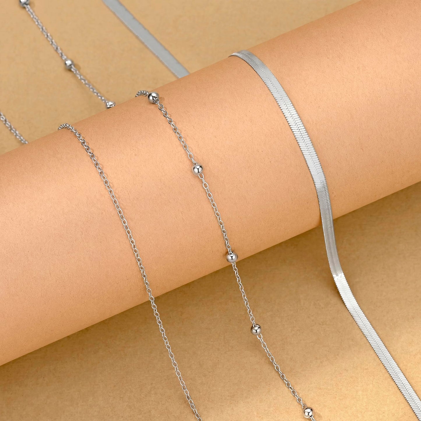 HERSIN Waist Chain for Women, 3 Pairs Silver Plated Layered Belly Belt Chains Beach Waist Beads Chain Waterproof Herringbone Snake Body Chain Summer Jewelry Accessories for Women