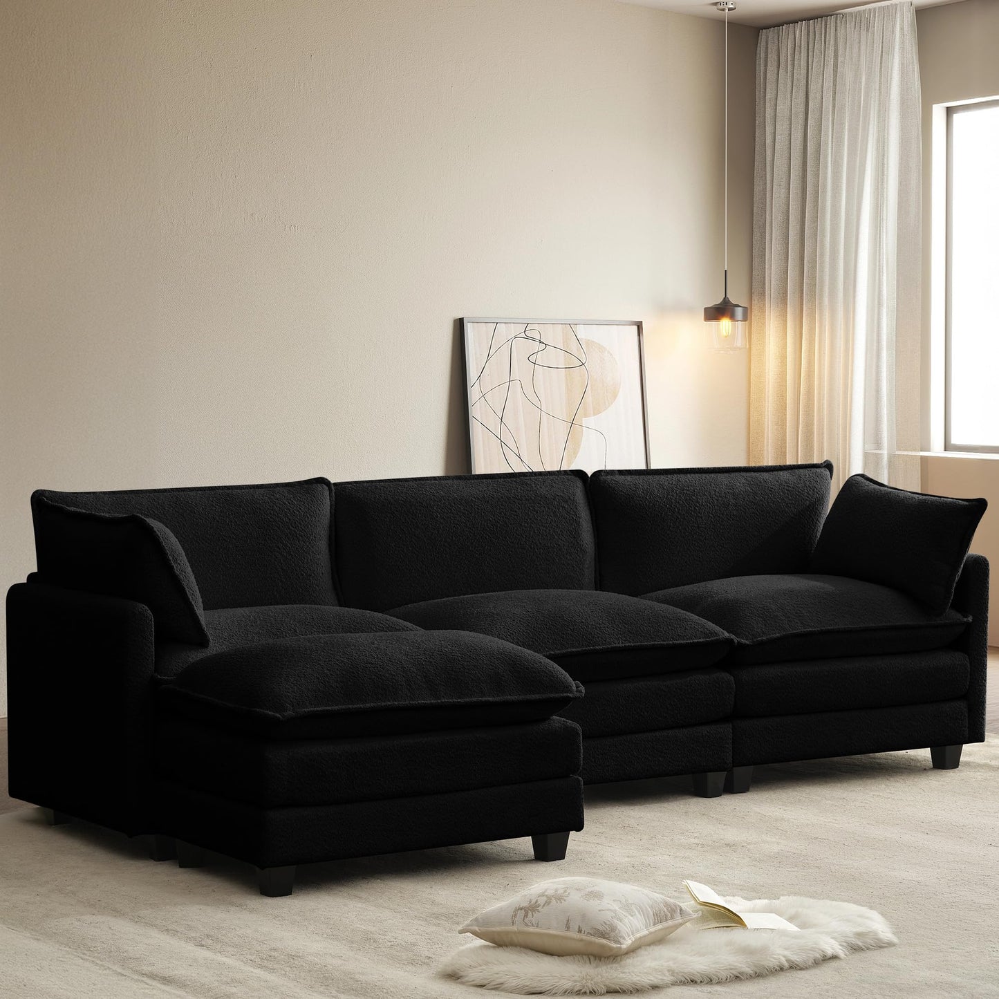 ROWHY 112'' Modular Sectional Cloud Couch with Movable Ottoman, 4 Seat Modern Chenille Sofa with 2 Throw Pillows, Deep Seat L Shaped Couch for Living Room Bedroom Apartment, Black