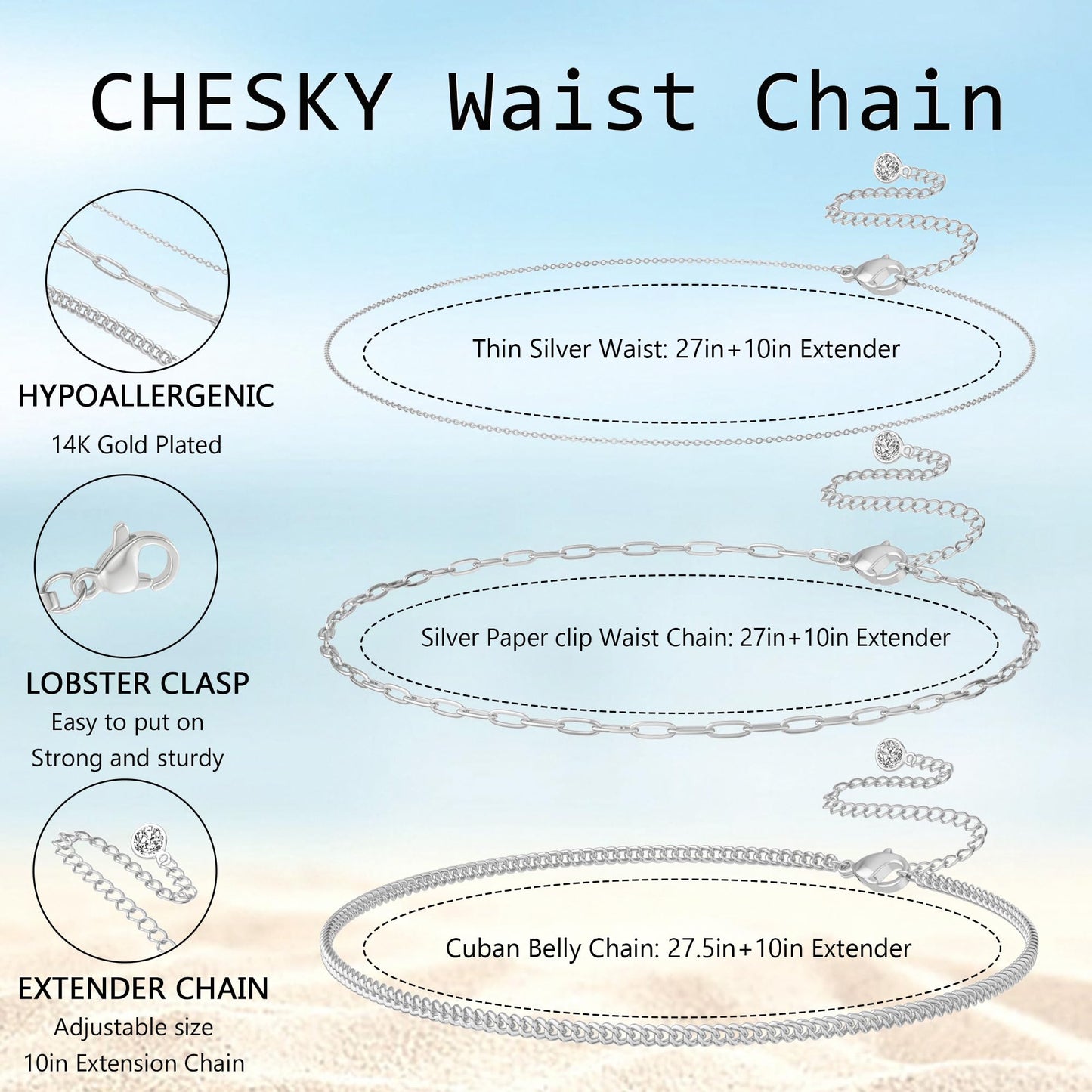 CHESKY Layered Waist Chain for Women, Silver Plated Belly Belt Chains Beach Waist Chain Waterproof Cuban Paperclip Body Chain Summer Jewelry Accessories for Women