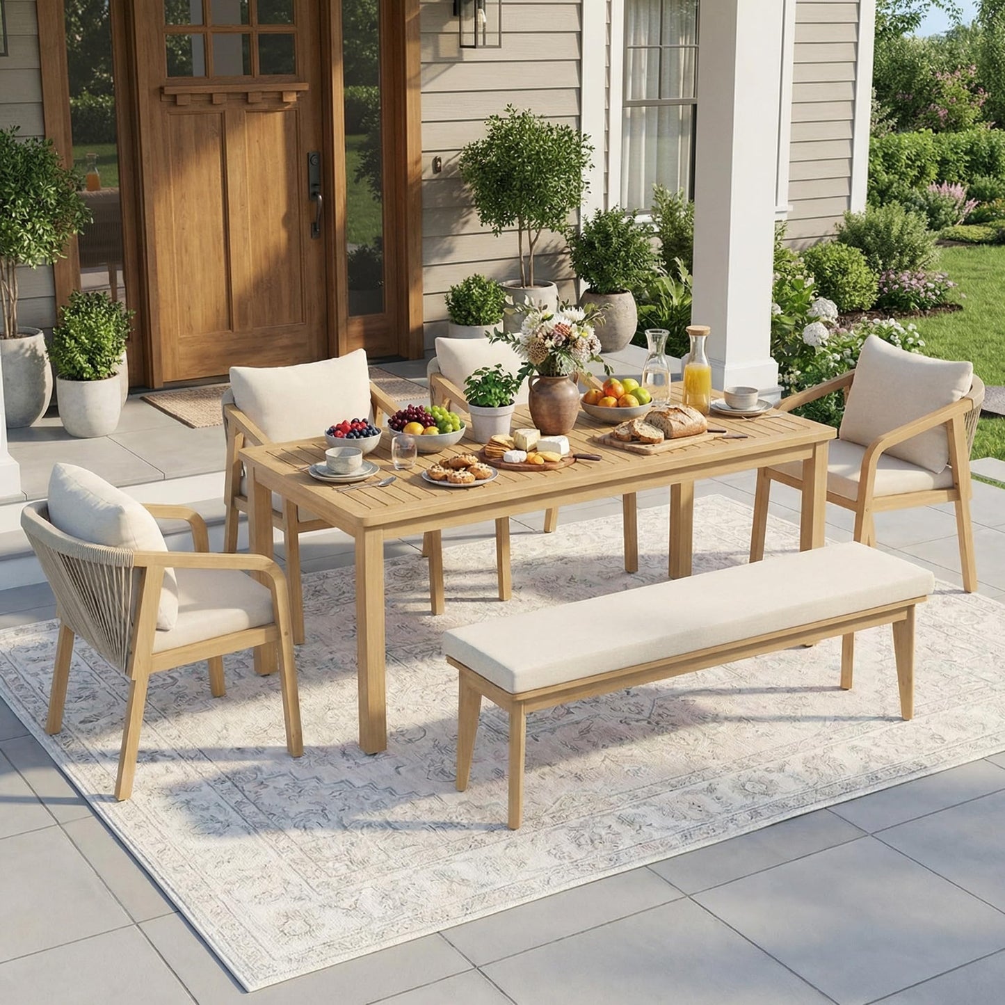 6-Piece Acacia Patio Table and Chairs Set with 23" Extra Wide Chair and Removable Cushion，Outdoor Dining Sets for 6, All-Weather Solid Wood Outdoor Patio Furniture Set for Garden Lawn, Beige