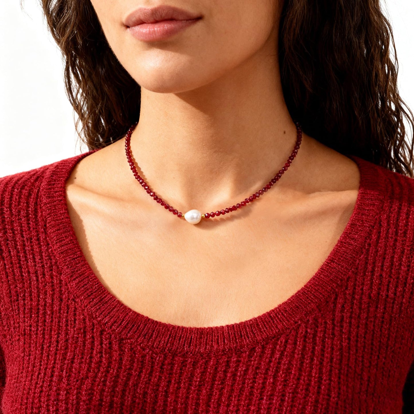 Single Pearl Necklaces for Women, Garnet Necklace Natural Red Stone Gemstone Choker Necklace, Dainty Pearl Drop Necklace Handmade Jewelry Women Christmas Gift Birthday Bridesmaids Anniversary 18 inch