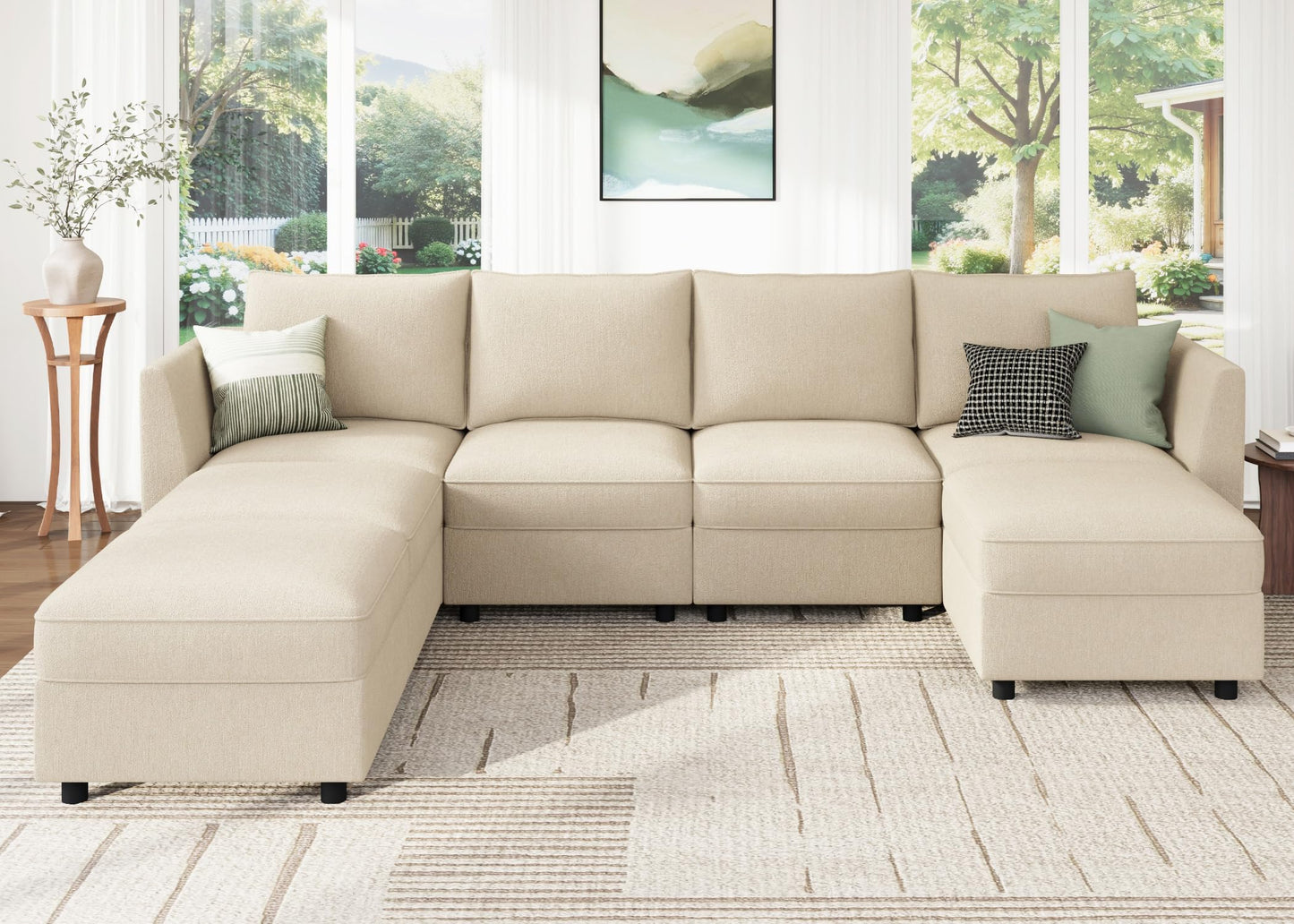 HONBAY Modular Sofa U Shaped Sectional Couch with Storage, Convertible Modular Sofa 7 Seats Sectional for Living Room - Beige