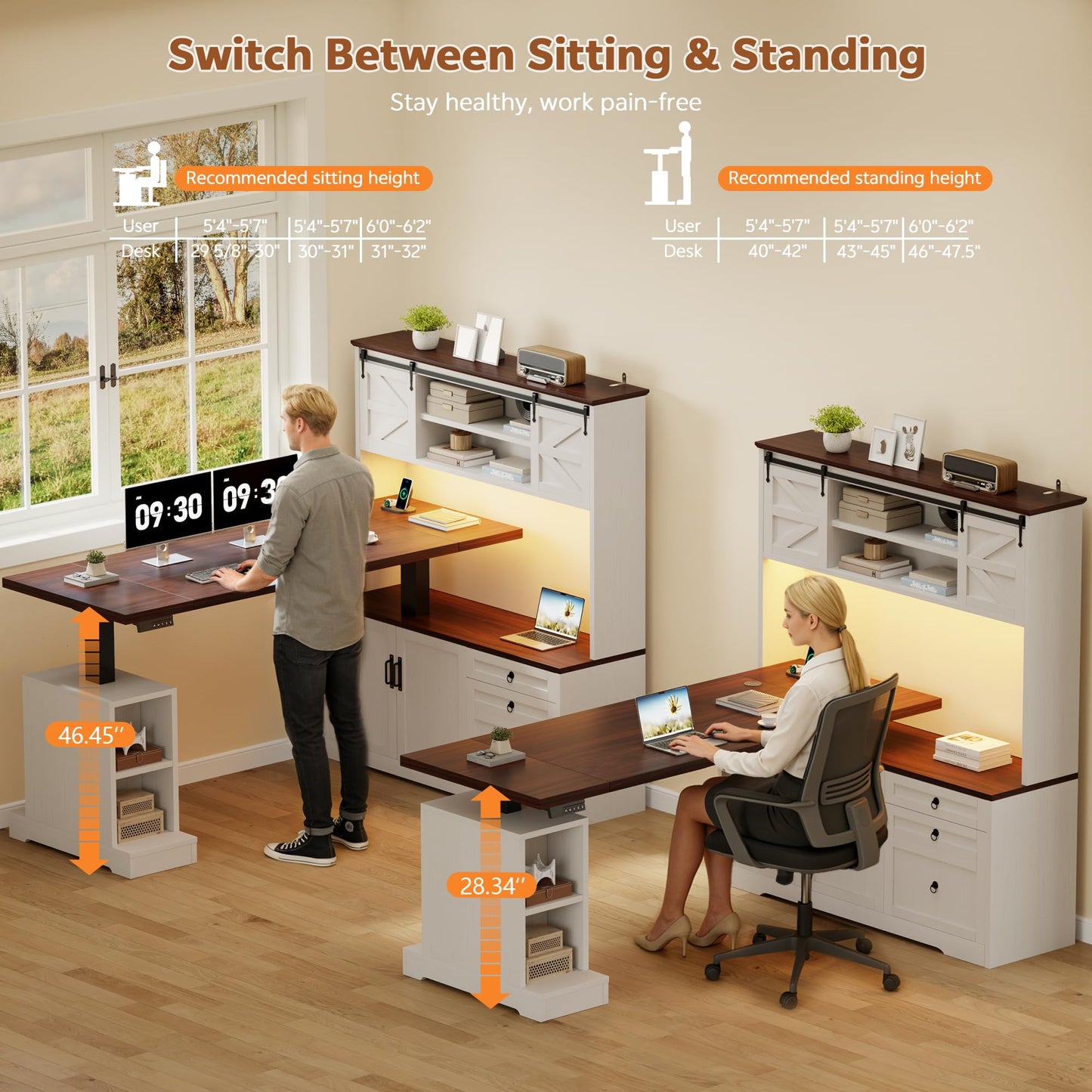 Homiflex 71" L Shaped Electric Standing Desk with Hutch and 3 Drawers, Farmhouse Height Adjustable Sit Stand Desk, Large Corner Computer Desk with File Cabinet, Power Outlets & LED Lights, White
