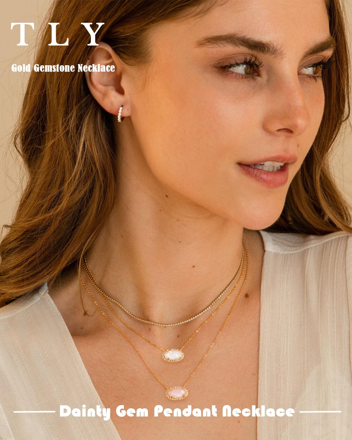 TLY Gold Necklace for Women 14k Gold Plated Dainty Gemstone Pendant Necklace Red Rose Quartz Black Emerald Green Blue Prom Choker Necklace Birthday Wedding Bridesmaid Necklace Mothers Day Jewelry gifts