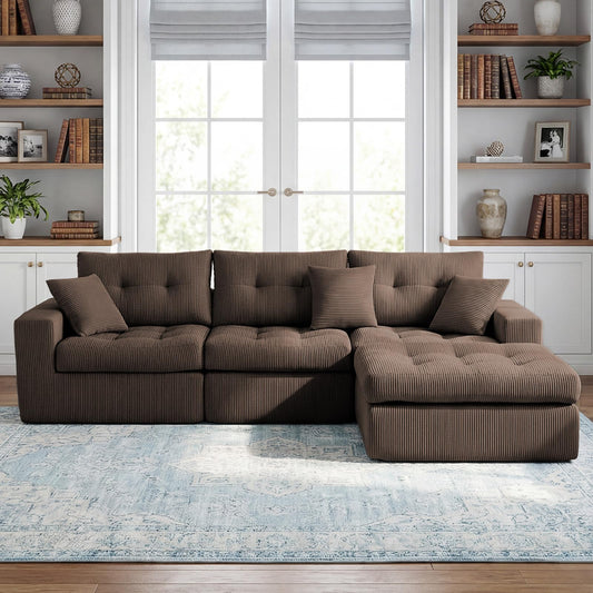 113-Inch L-Shaped Modular Corner Cloud Sofa Corduroy Tufted Foam Sectional with Deep Seat, 4 Pieces Compressed Boneless Sofa Couch with Movable Ottoman & 4 Toss Pillows
