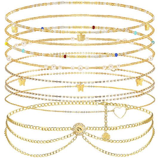 JenPen 8 Pcs Belly Chain Adjustable Waist Chain Summer Beach Bikini Waist Body Beads for Women Adults Multilayer(Elegant Style)