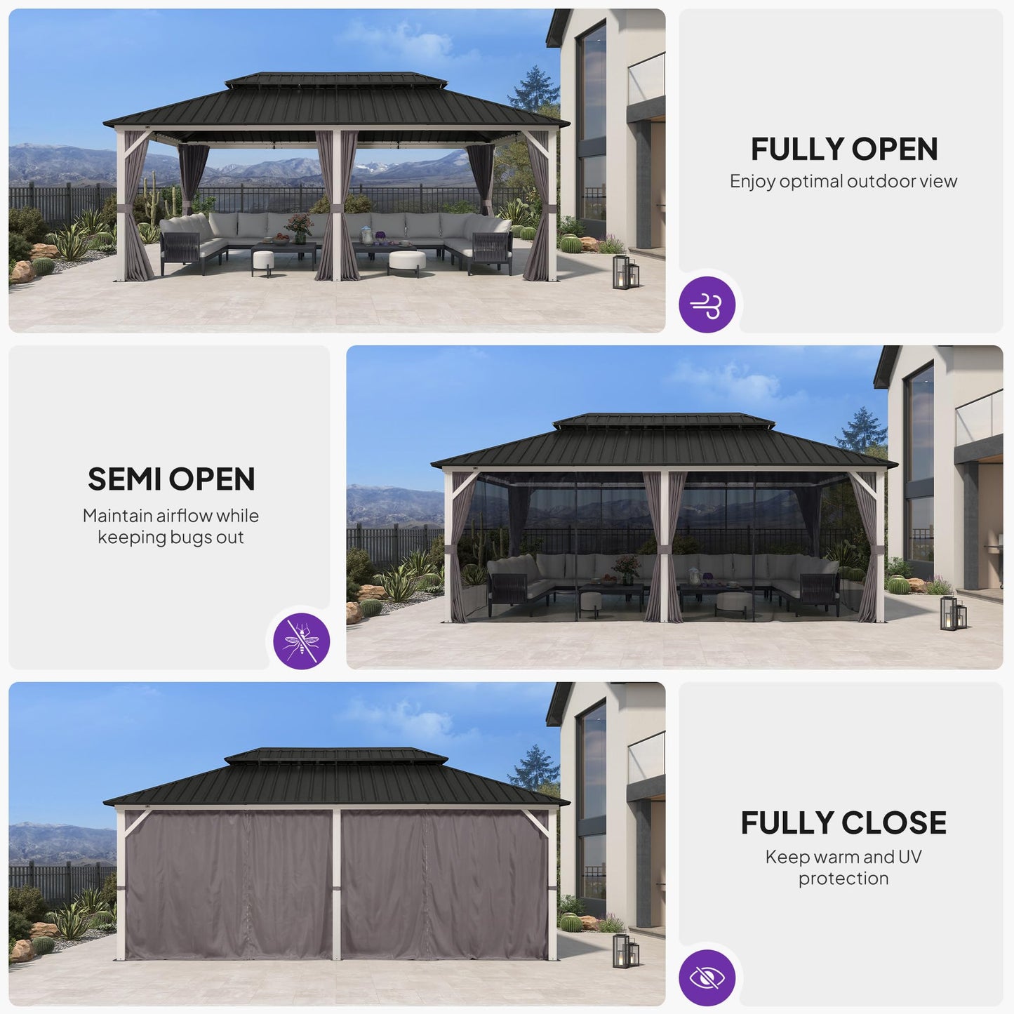 PURPLE LEAF 12' X 20' Hardtop Gazebo Metal Double Roof White Aluminum Frame Outdoor Heavy Duty Gazebo with Curtain and Netting for Patio Garden and Backyard, Grey