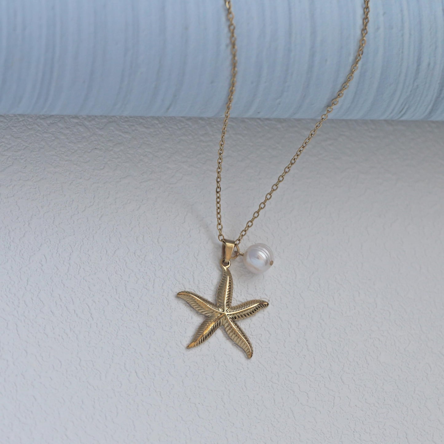 Gold Plated Coastal Starfish and Pearl Necklace for Women,Hypoallergenic Ocean Theme Beach Jewelry