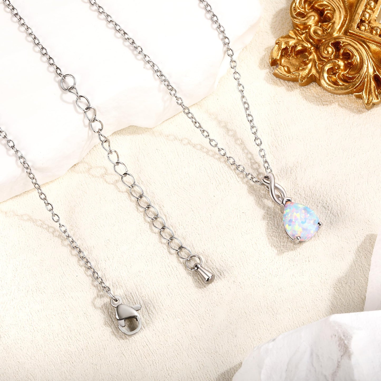 VOLUKA Created White Fire Opal Pendant Necklace for Women|8 * 10mm Teardrop October's Birthstone Gemstone Necklace|18K White Gold Plated Pear-Shaped Wedding Engagement Jewelry Gifts 19.5 inches