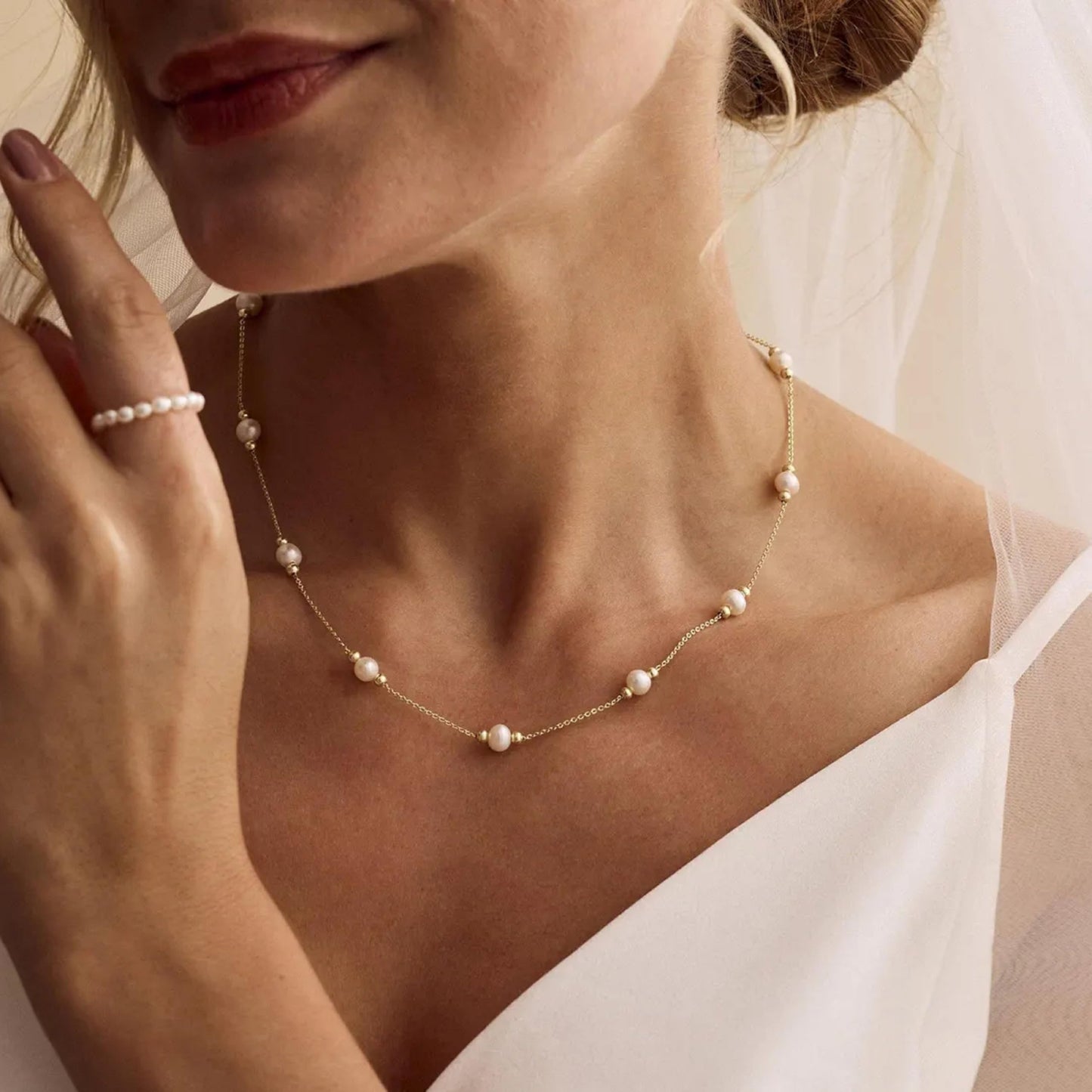 Caenyo Minimalist Beaded Pearl Necklace, Dainty Gold Choker for Women, Classic & Modern Jewelry for Wedding, Beach, Summer, Adjustable 14.5+2"