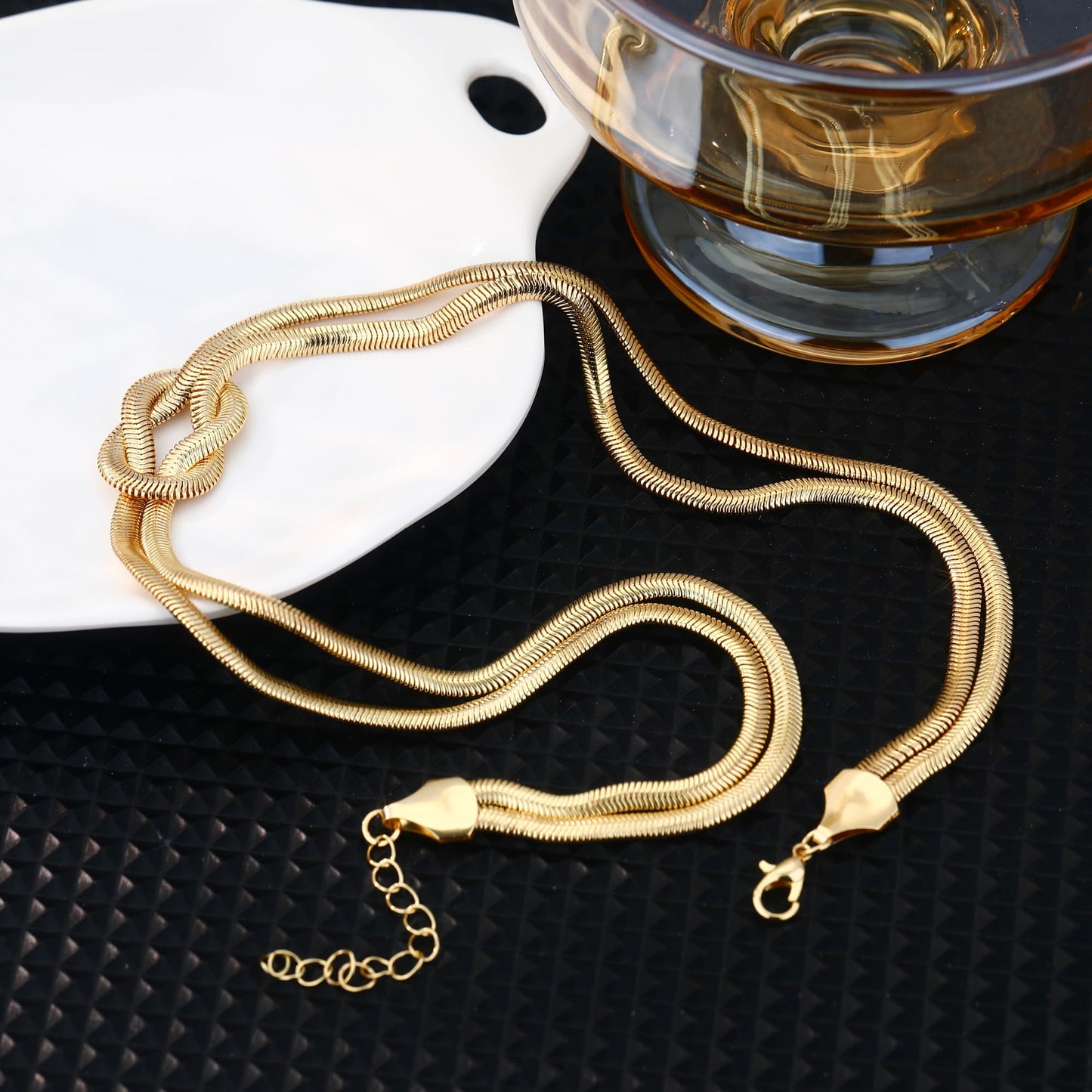 BONJOULRY Chunky Gold Knot Choker Necklace for Women Herringbone 14K Gold Plated Simple Choker Necklace Snake Chain Design Hypoallergenic Chunky Women's Snake Chain Necklaces