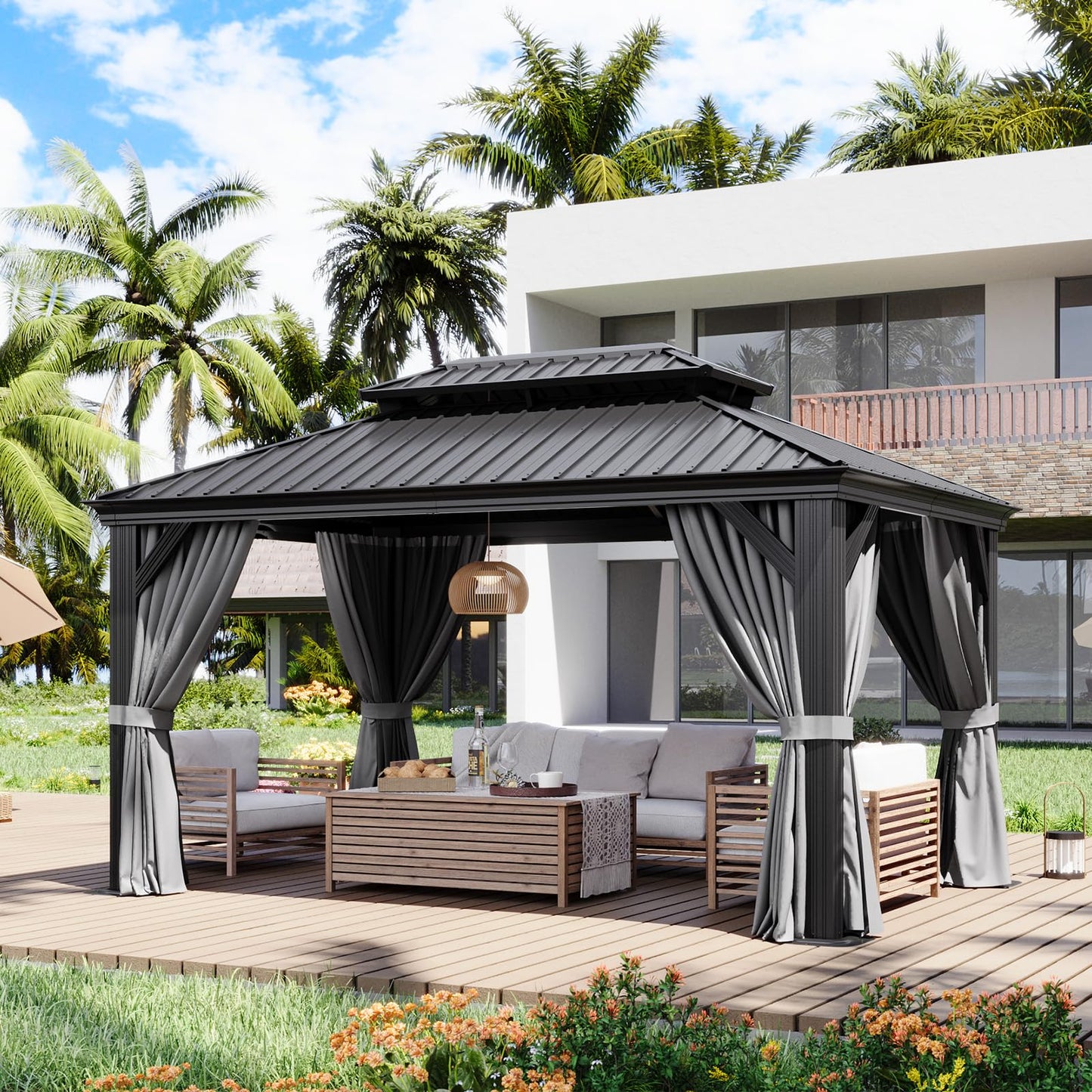 Aoxun 10' X 14' Hardtop Gazebo with Drainage System, Aluminum Outdoor Gazebo with Galvanized Steel Double Roof, Patio Permanent Metal Pavilion with Netting, for Garden, Deck, Pool, Grey