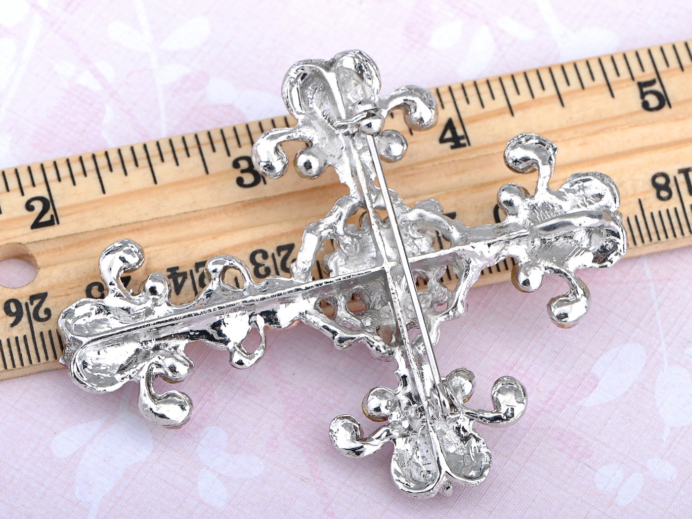 Alilang Victorian Pink Rose Crystal Rhinestone Flourish Floral Holy Cross Pin Brooch