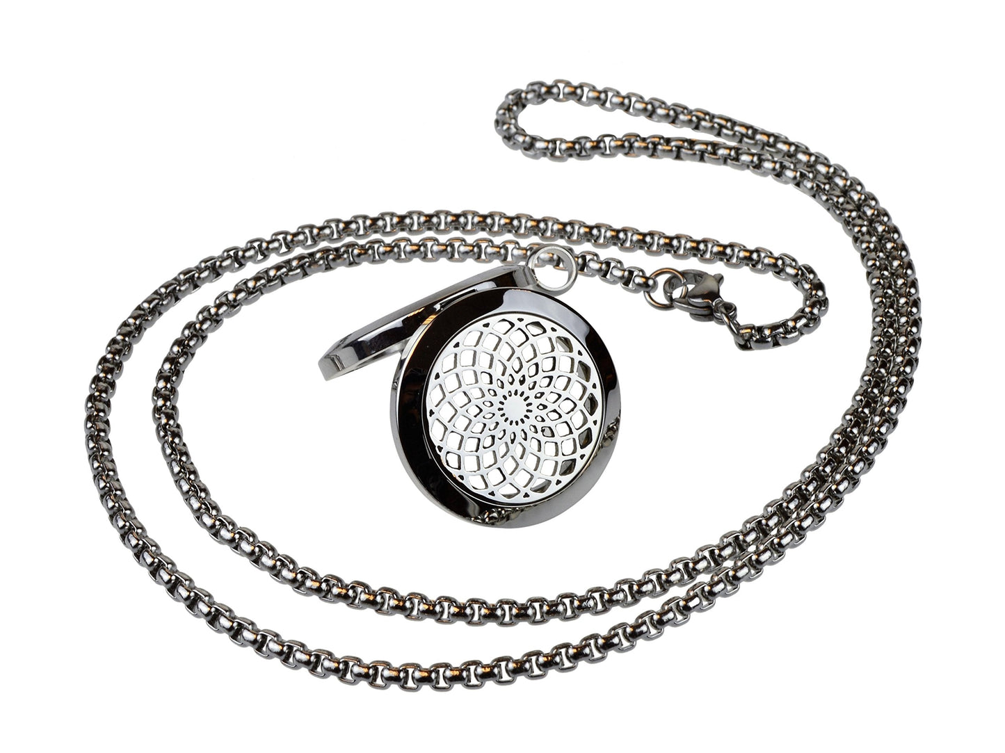 Wild Essentials Sun Mandala Essential Oil Diffuser Necklace, Stainless Steel Locket Pendant with 24 inch Chain, 12 Color Refill Pads, Customizable Color Changing Perfume Jewelry for Aromatherapy