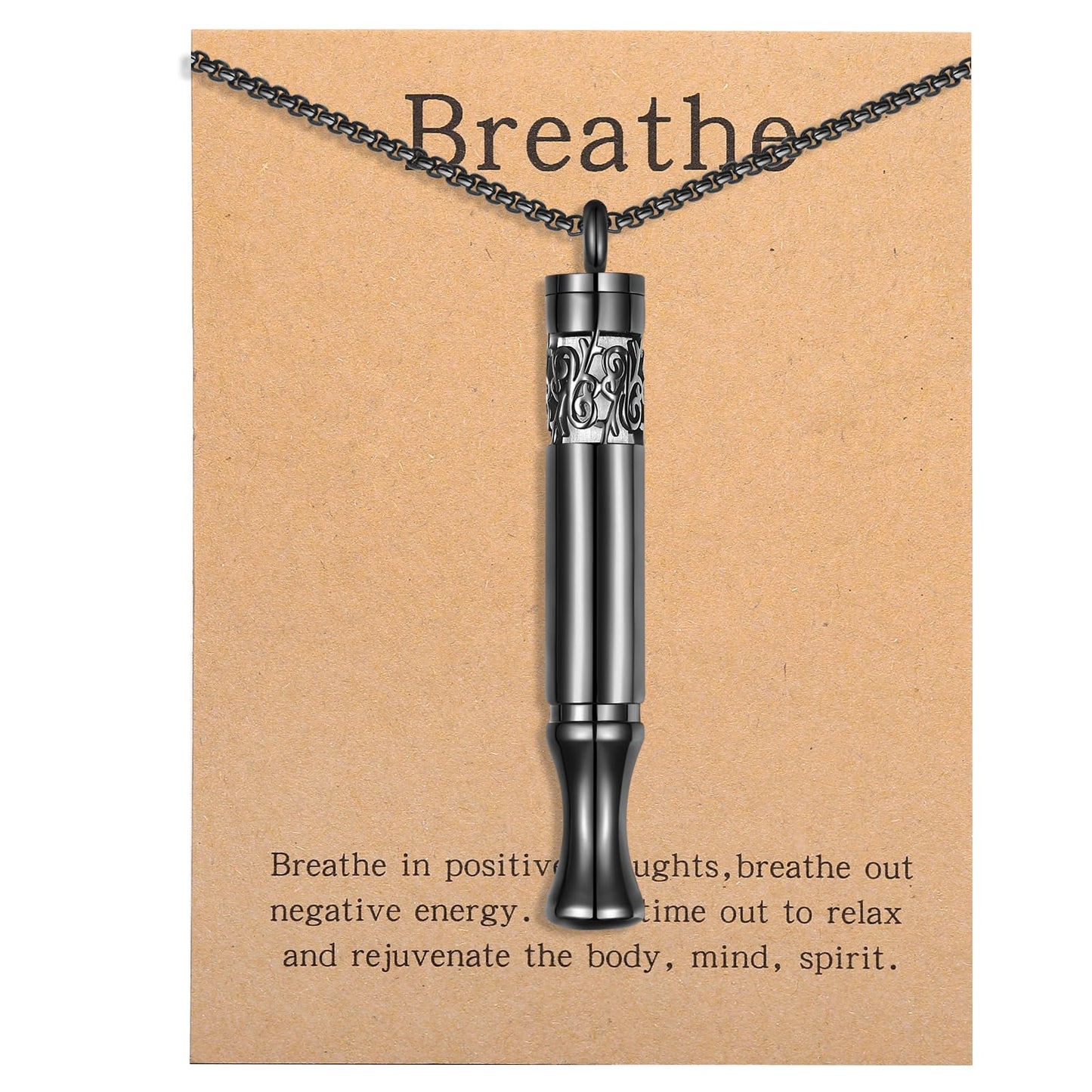 Anxiety Relief Pendant Mindfulness Breathing Necklace - Essential Oil Diffuser & Personal Inhaler Aromatherapy Necklaces for Women & Men (Black)