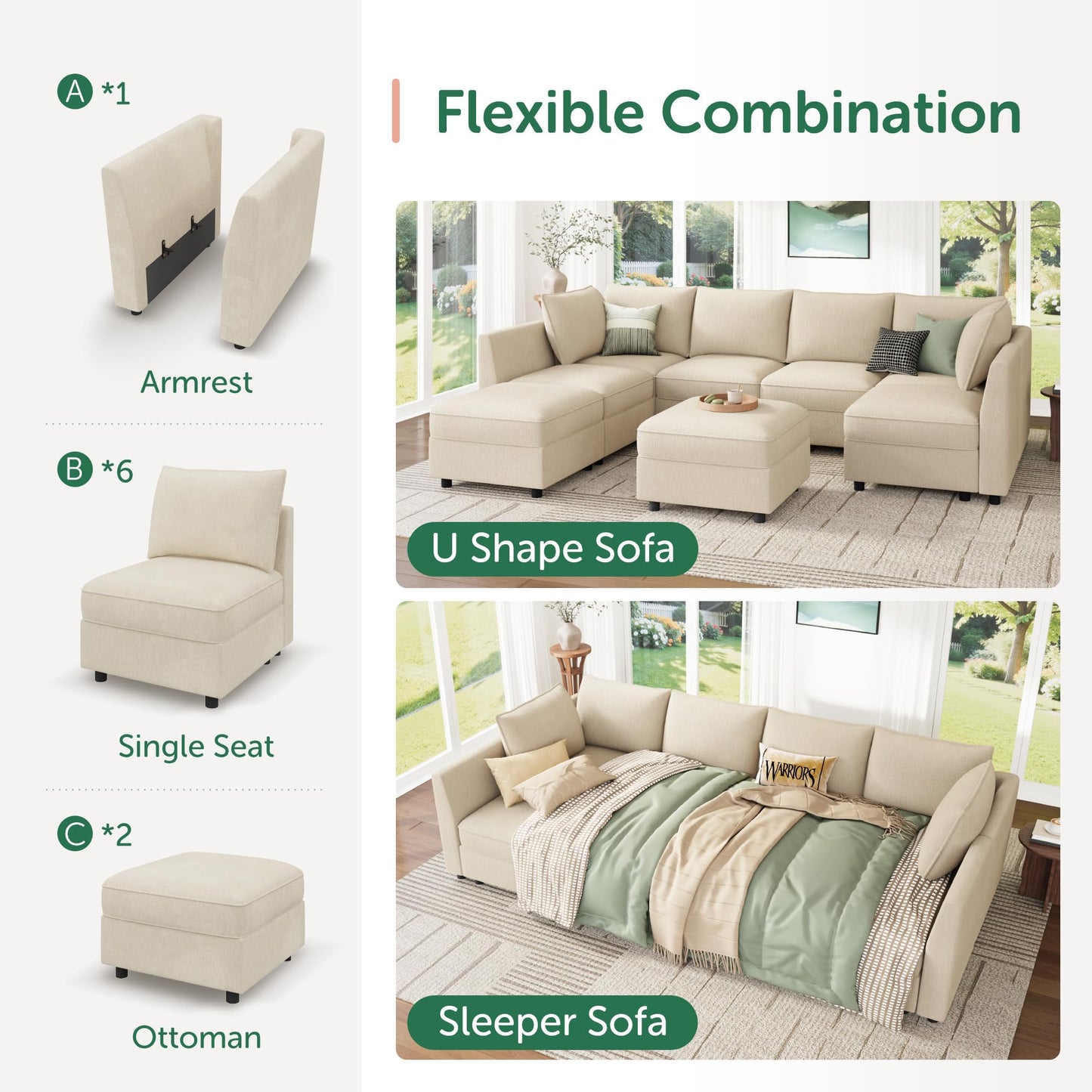 HONBAY Modular Sofa Sectional Sleeper Couch with Storage Seat Reversible Sectional Sleeper Couch Modular Sofa - Beige