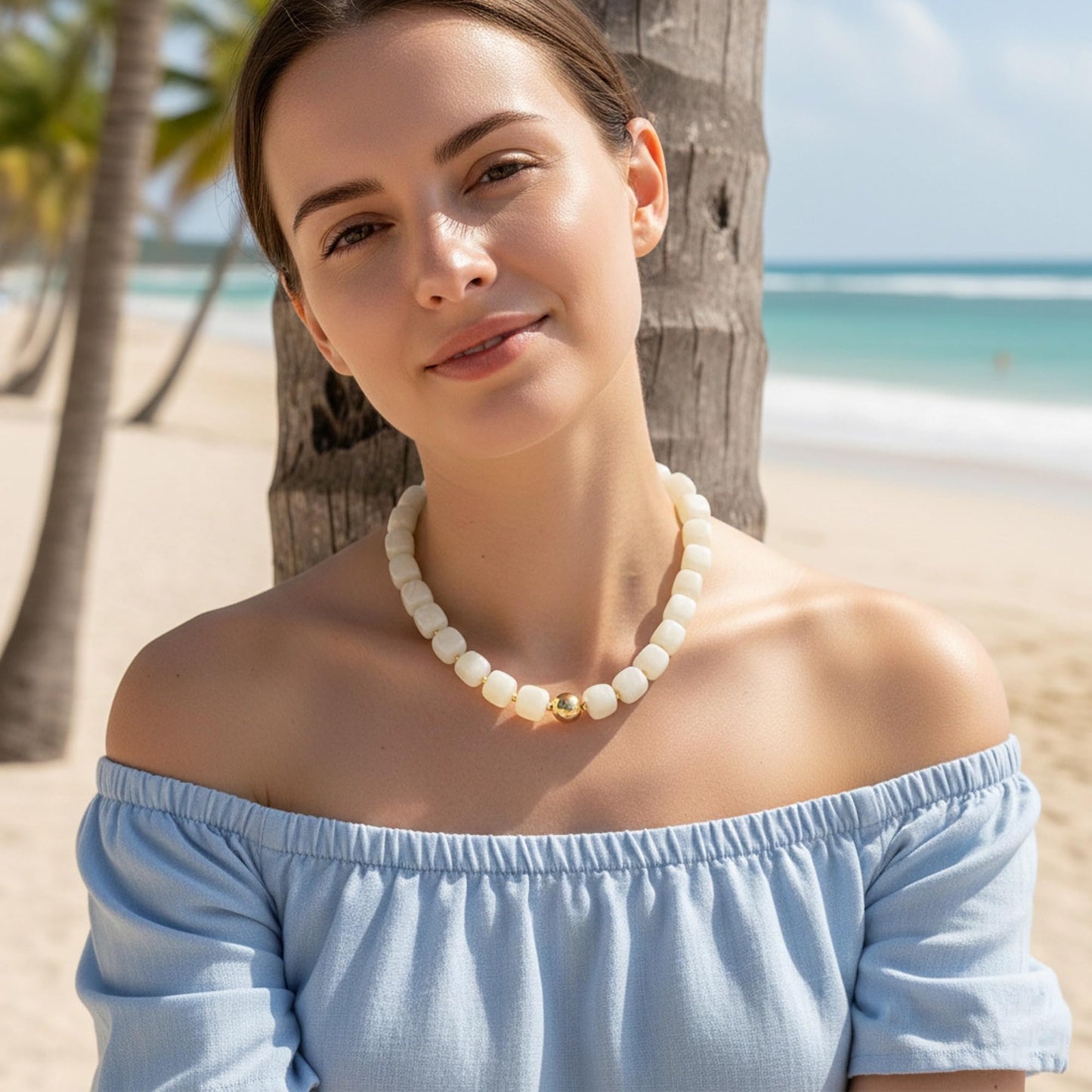 WOWORAMA Chunky Beaded Necklace for Women Trendy Cream White Statement Chunky Necklaces Large Square Resin Beads Choker Necklace Boho Summer Jewelry