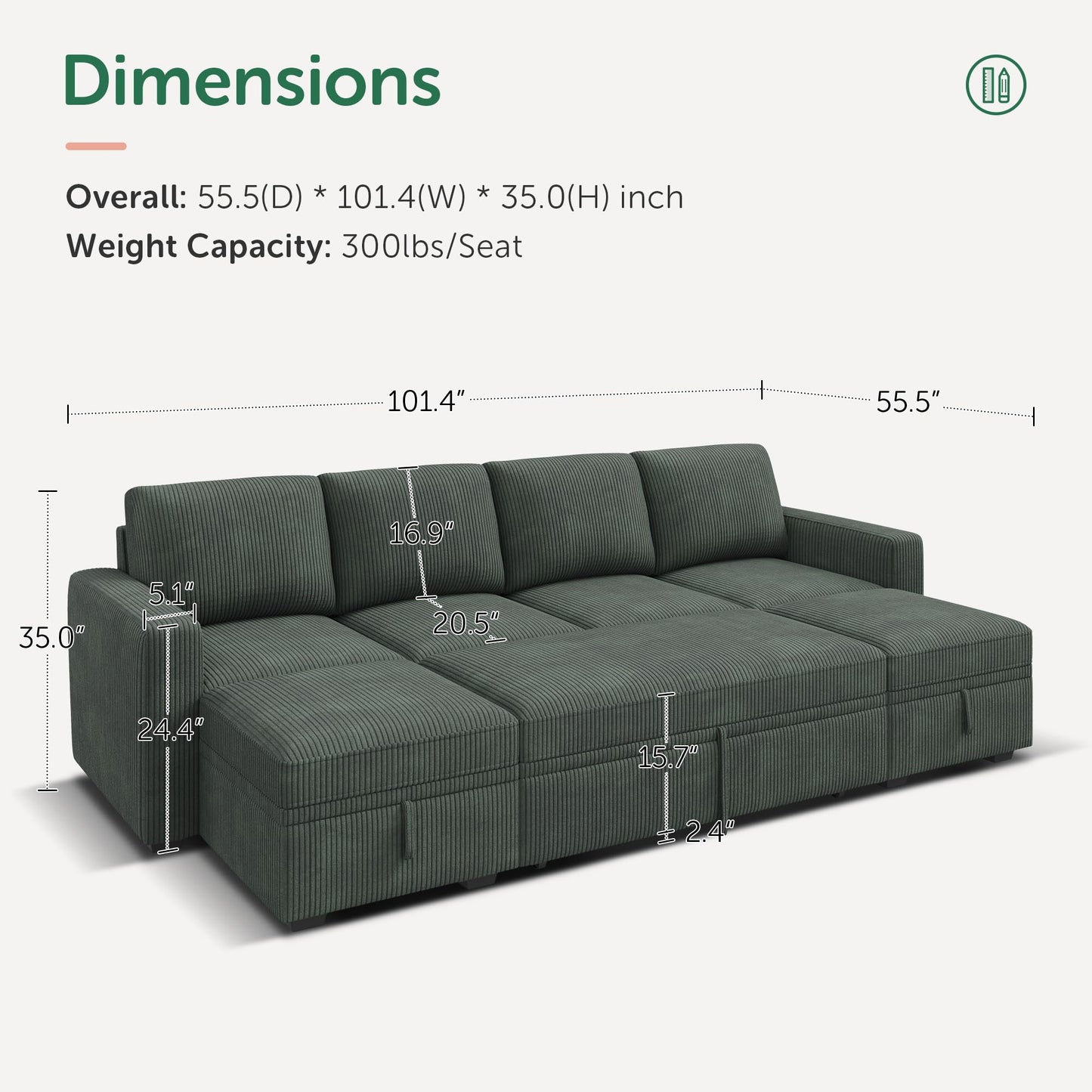 HONBAY Modular Sectional Sleeper Sofa Bed, Corduroy Pull Out Couch with Storage Ottoman, U Shaped Sectional Couches for Living Room, Green