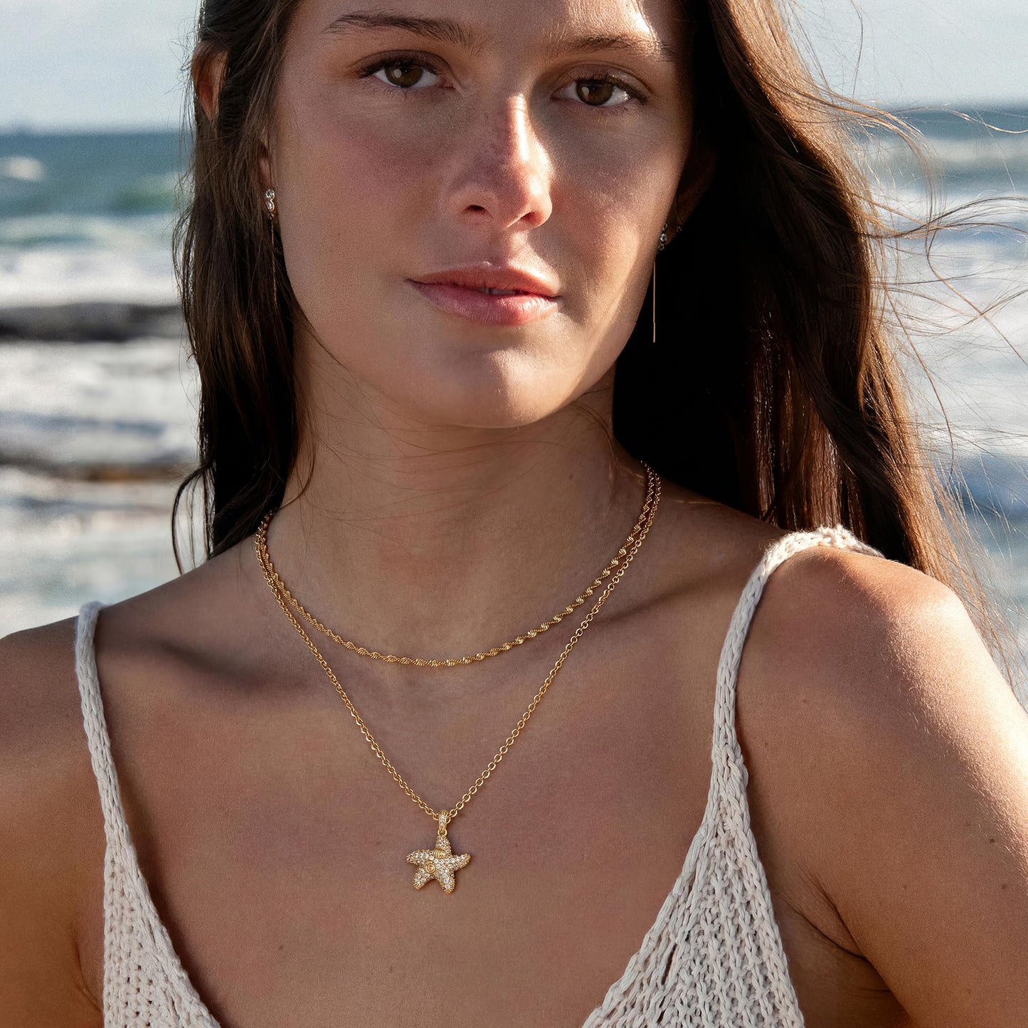 MTMY Gold Starfish Necklace 14K Gold Plated Shell Conch Ocean Pendant Necklace for Women Beach Summer Jewelry (cz wave starfish)