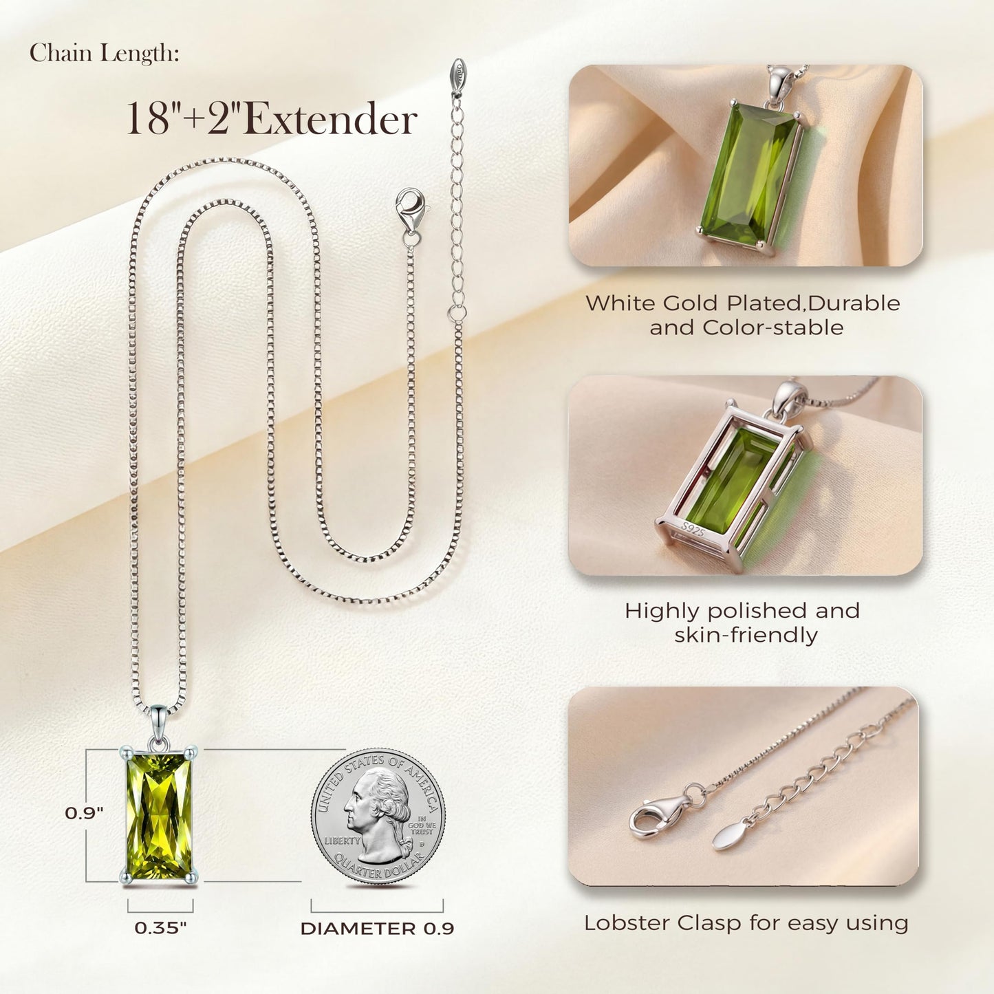 Kuschelkatze 8mm x 16mm Square August Birthstone Peridot Pendant Necklace – Fashion charming Sterling Silver Gift for women
