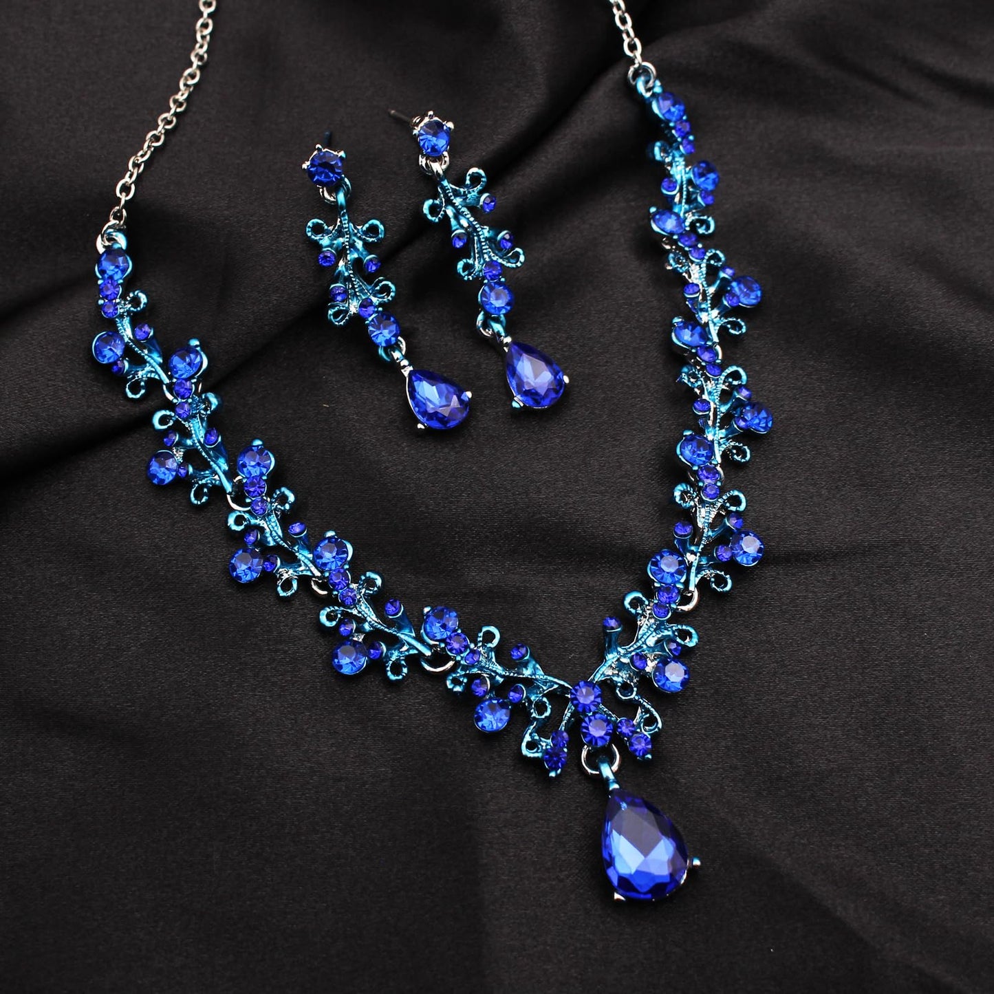 3Pcs Austrian Crystal Jewelry Set for Women, Necklace Dangle Earrings Link Bracelet Jewelry Set with Gold/Platinum/Gun Plated, Wedding Party Jewelry for Bridal Bridesmaid (Deep Blue-Platinum Plated)