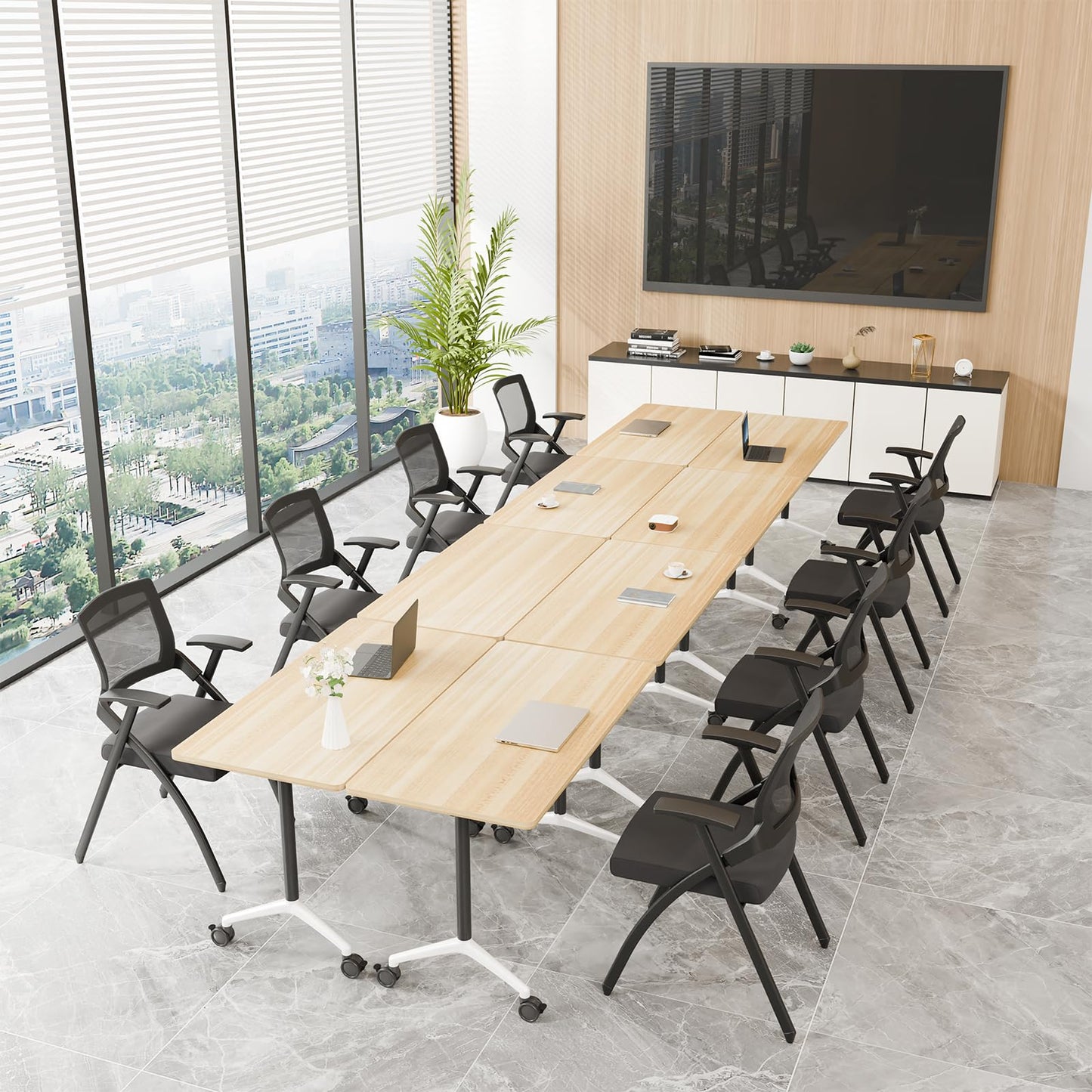ZanyCajole Conference Room Table, Folding Conference Table with Silent Wheels, Modular Flip Top Mobile Training Tables for Office, Training Room, Meeting Rooms, School, 2-16 Person (8, Maple, 55.1in)