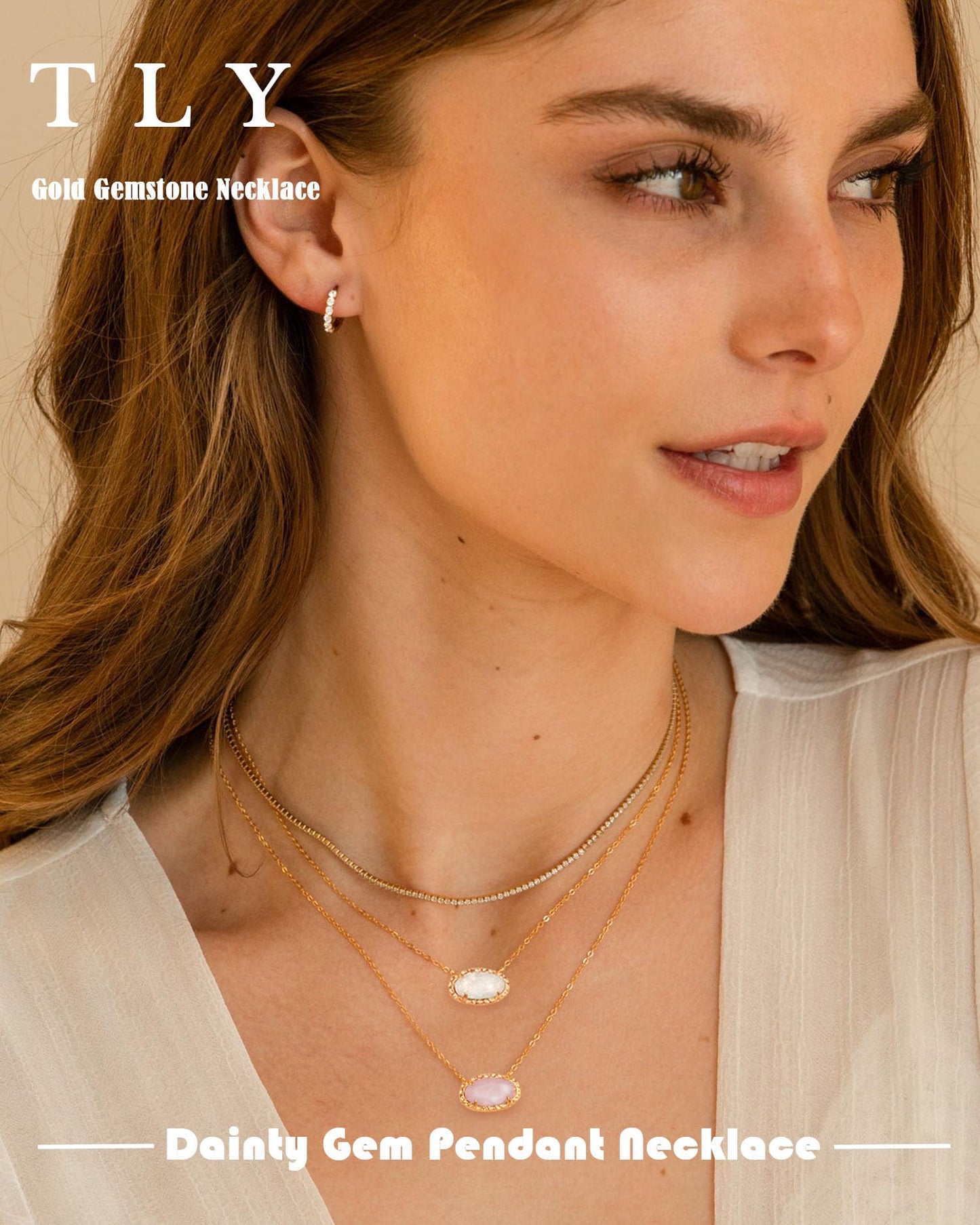 TLY Gold Necklace for Women 14k Gold Plated Dainty Gemstone Pendant Necklace Red Rose Quartz Black Emerald Green Blue Prom Choker Necklace Birthday Wedding Bridesmaid Necklace Mothers Day Jewelry gifts