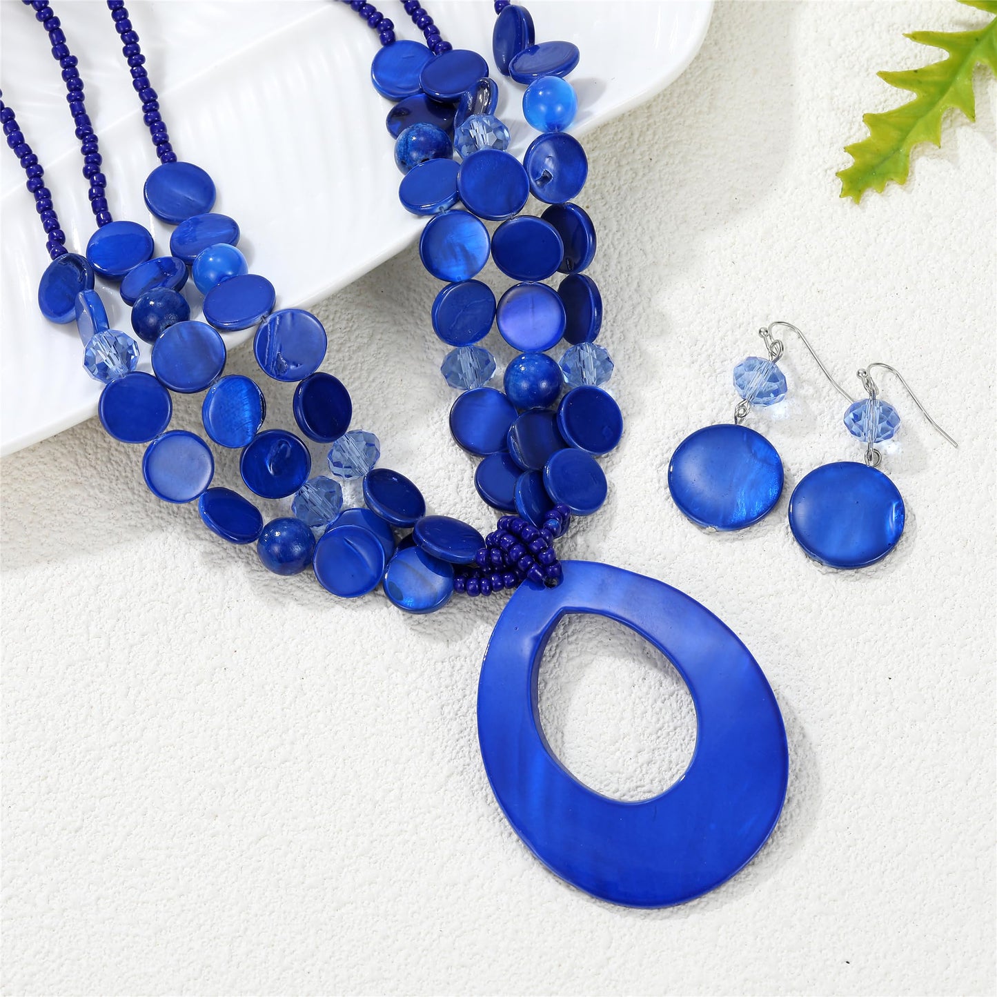 Aenu Multi-Strand Beaded Necklace with Teardrop Pendant Colorful Beads Statement Jewelry Set for Women (Blue)