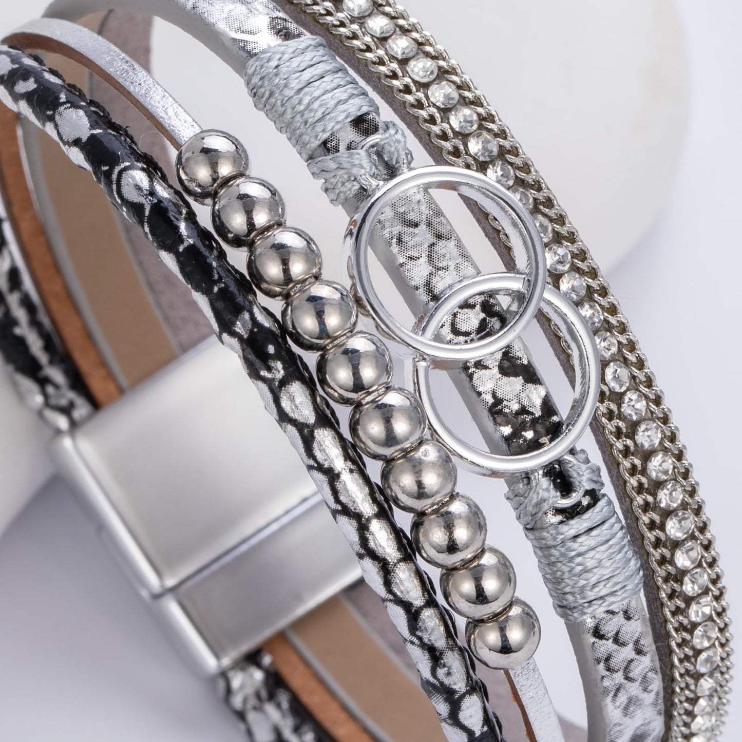 FANCY SHINY Boho Leather Wrap Bracelet Stackable Beaded Infinity Chunky Cuff Bracelets with Magnetic Clasp Western Hippie Outfits Jewelry Gifts for Women(Snakeskin Silver)