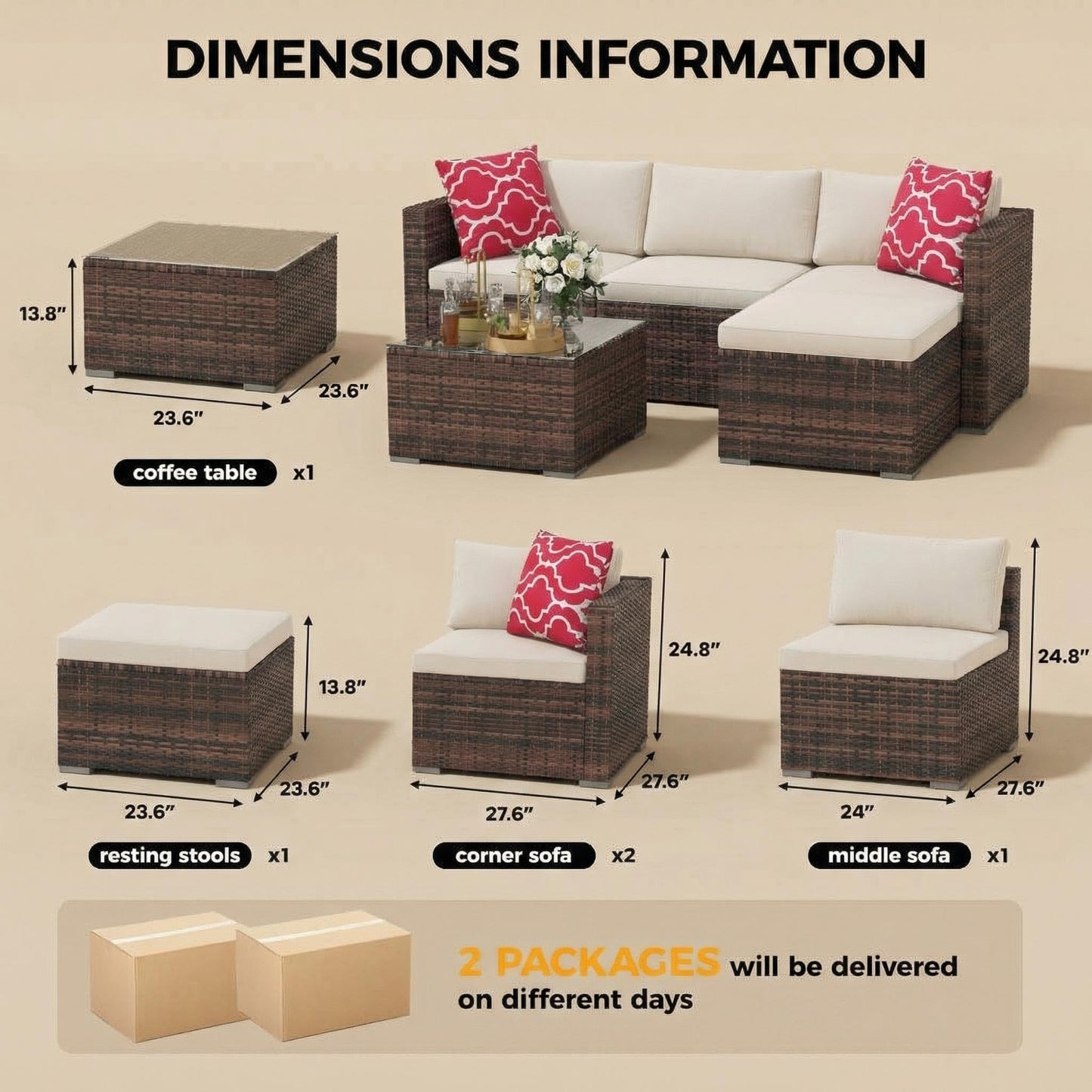 GarveeTech 5 Pieces Patio Furniture Set, All Weather Wicker Rattan Sectional Sofa, Outdoor Patio Furniture Set with Washable Cushions for Garden, Backyard, Porch, Poolside (Brown&Beige) ﻿