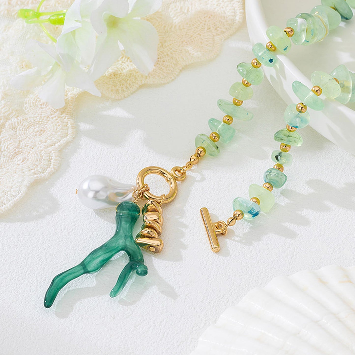 Ocean Coral Pendant Necklace for Women Green Acrylic Beaded Choker Gold OT Clasp Baroque Pearl Charm Necklace Boho Summer Beach Vacation Nautical Coastal Jewelry (Green)