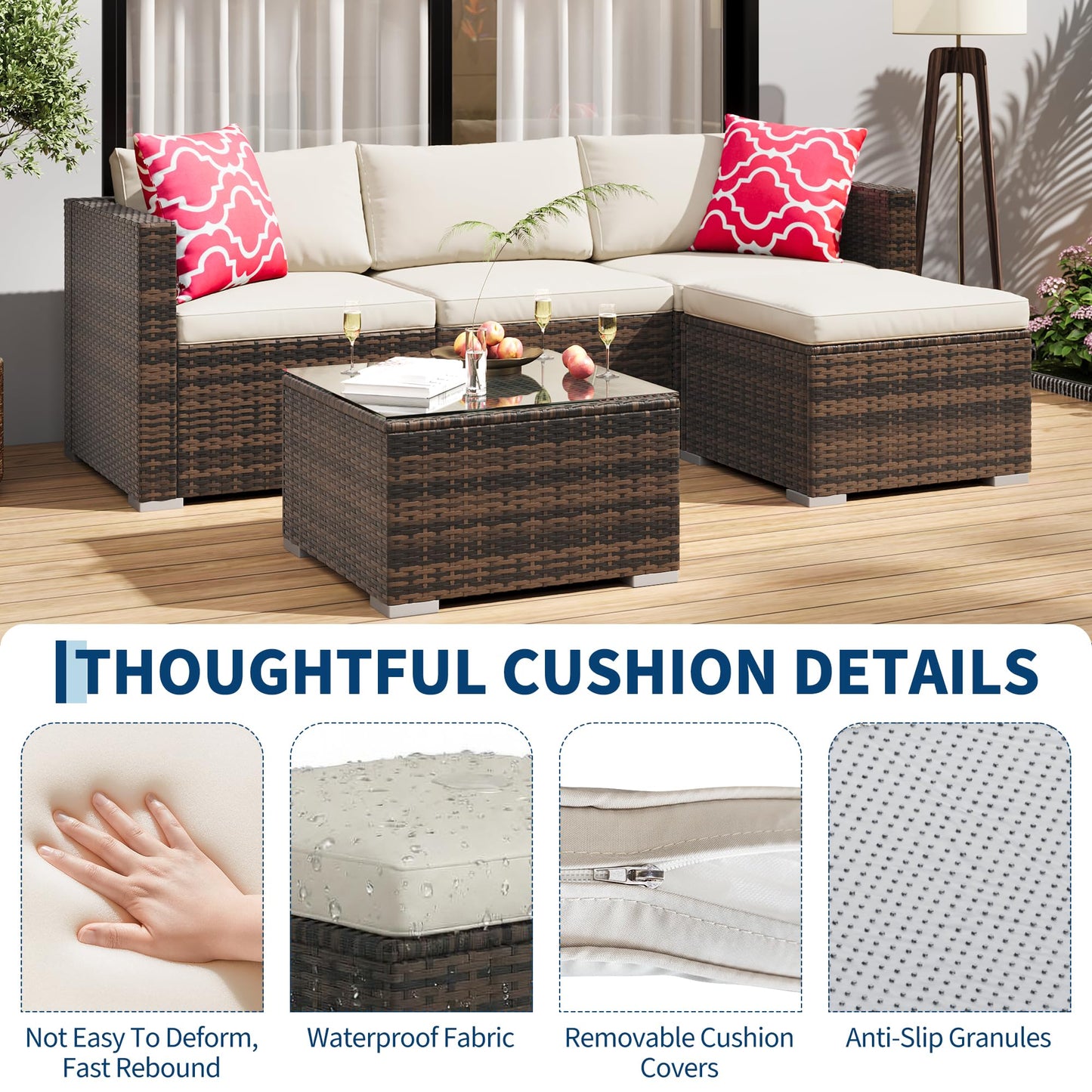 MilleLoom 5-Piece Outdoor Sectional Sofa Set, All-Weather PE Rattan Patio Furniture with Ottoman & Tempered Glass Table, Convertible Garden Couch for Backyard, Porch, Poolside (Brown/Beige)