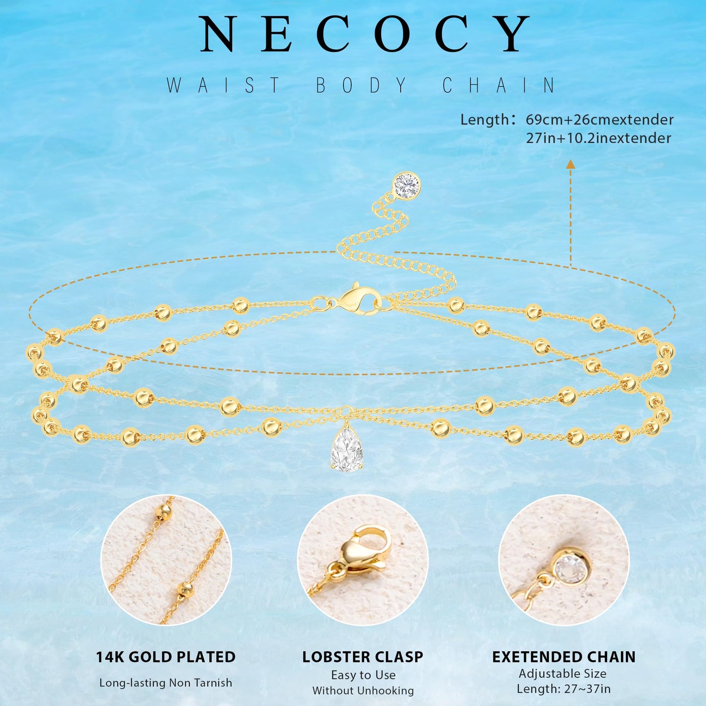 NECOCY 14K Gold Plated Beaded Waist Chain for Women Sexy, Waterproof CZ Layered Belly Belt Body Chain Fashion Summer Beach Body Chain Adjustable Waist Body Charm Jewelry Accessories Vacation Party