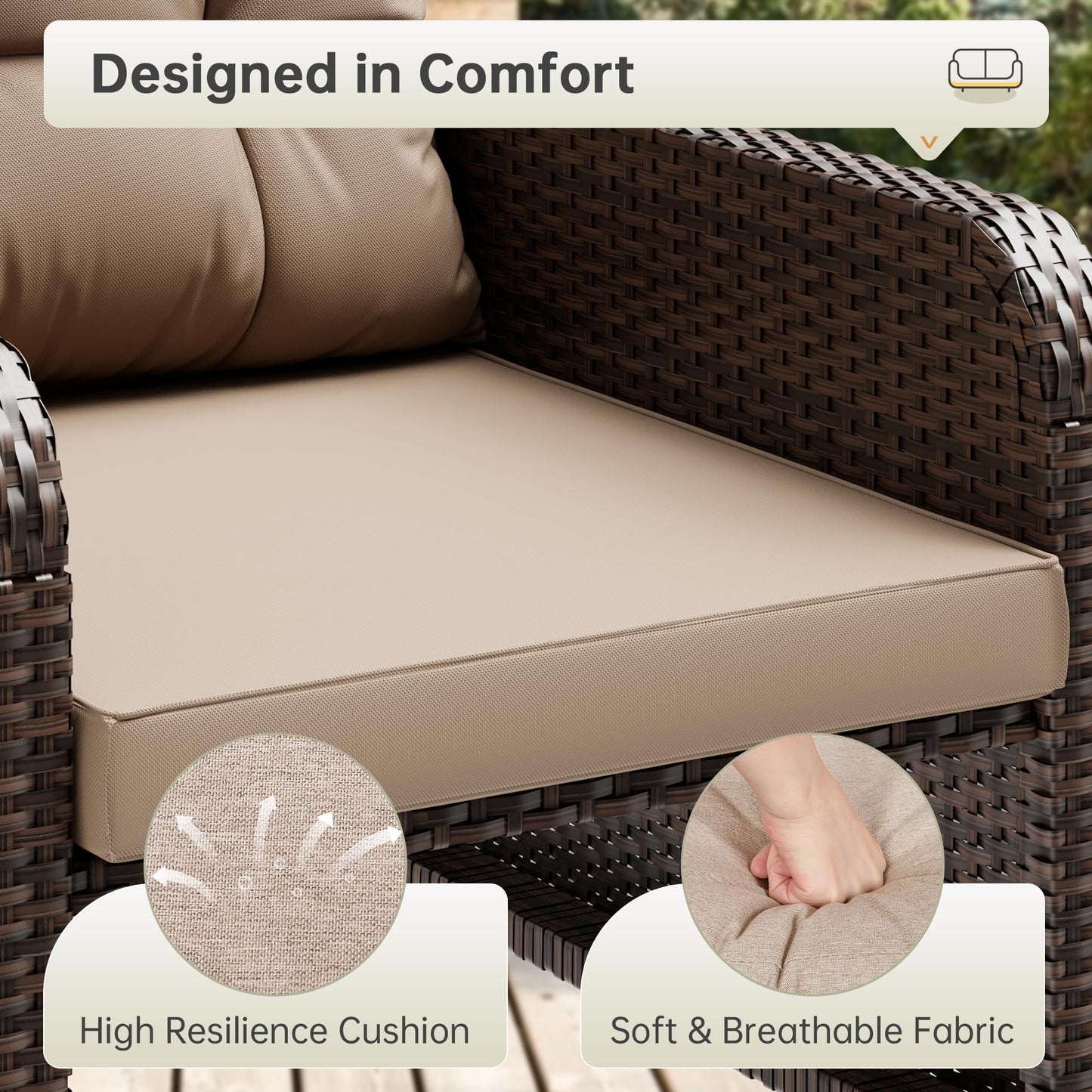 LHBcraft Balcony Furniture 5 Piece Patio Furniture Set, PE Rattan Patio Chairs Conversation Set with Soft Cushions 2 Ottoman & Table for Porch, Lawn, Garden, Beige