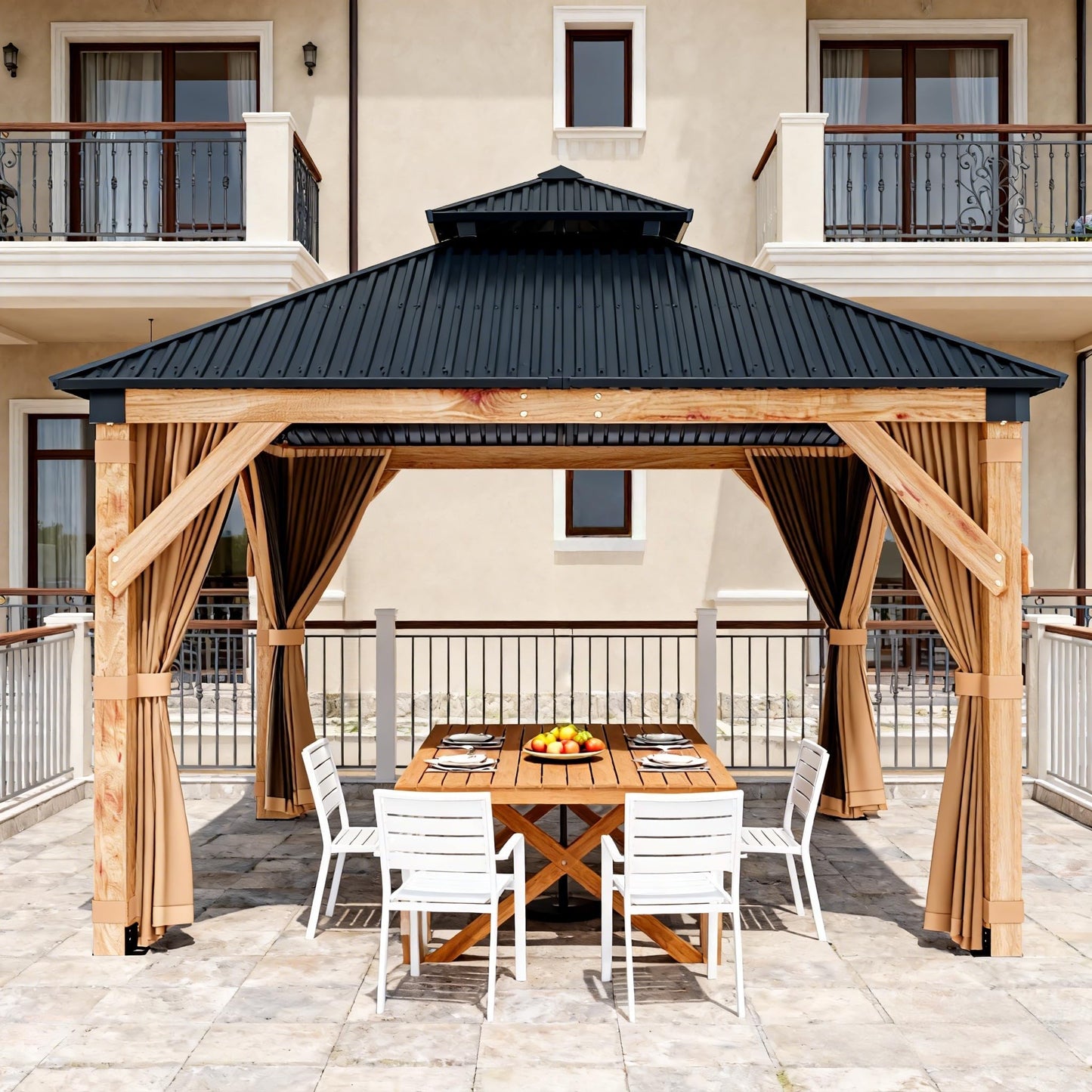 10x12 FT Hardtop Wooden Gazebo with Galvanized Steel Double Roof, Aluminum Frame, Mosquito Netting & Curtains – Durable Outdoor Pavilion for Patio, Backyard, Deck & Lawn
