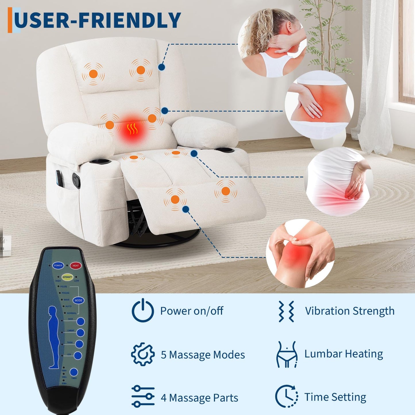 GarveeHome Oversized Wide Recliner Chair-Heat and Vibration Massage, 360° Swivel Rocker Chair for Adults,Chenille Fabric Manual Recliner with Cup Holders & Side Pocket for Living Room, Bedroom,White