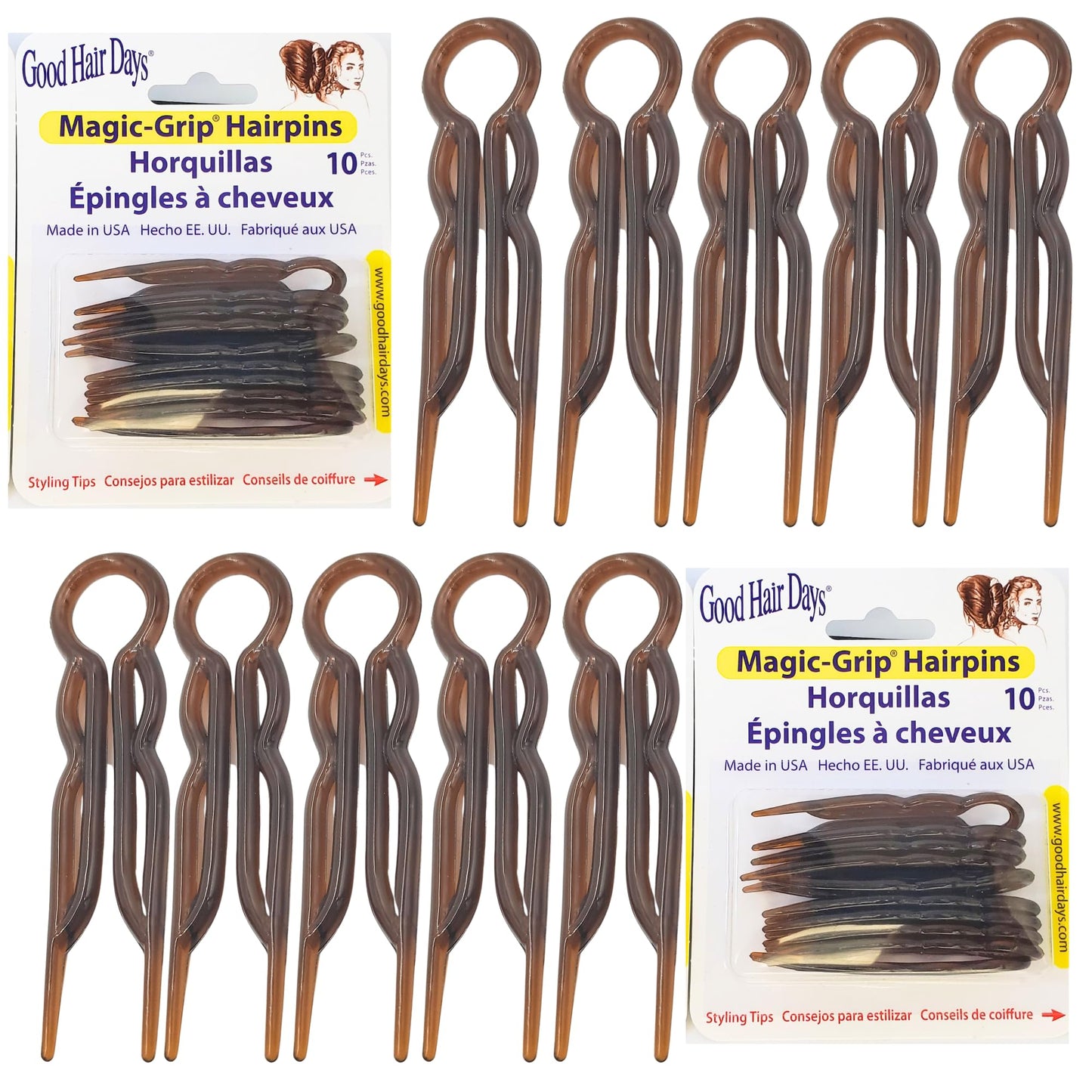 Good Hair Days Magic-Grip Hairpins - 2 1/2" U-Shaped Grip Hair Pins for Fine, Thick, Curly & Long Hair, Invisible Strong Hold Hair Styling Accessories, Set of 20, USA-Made (Tortoise Shell)