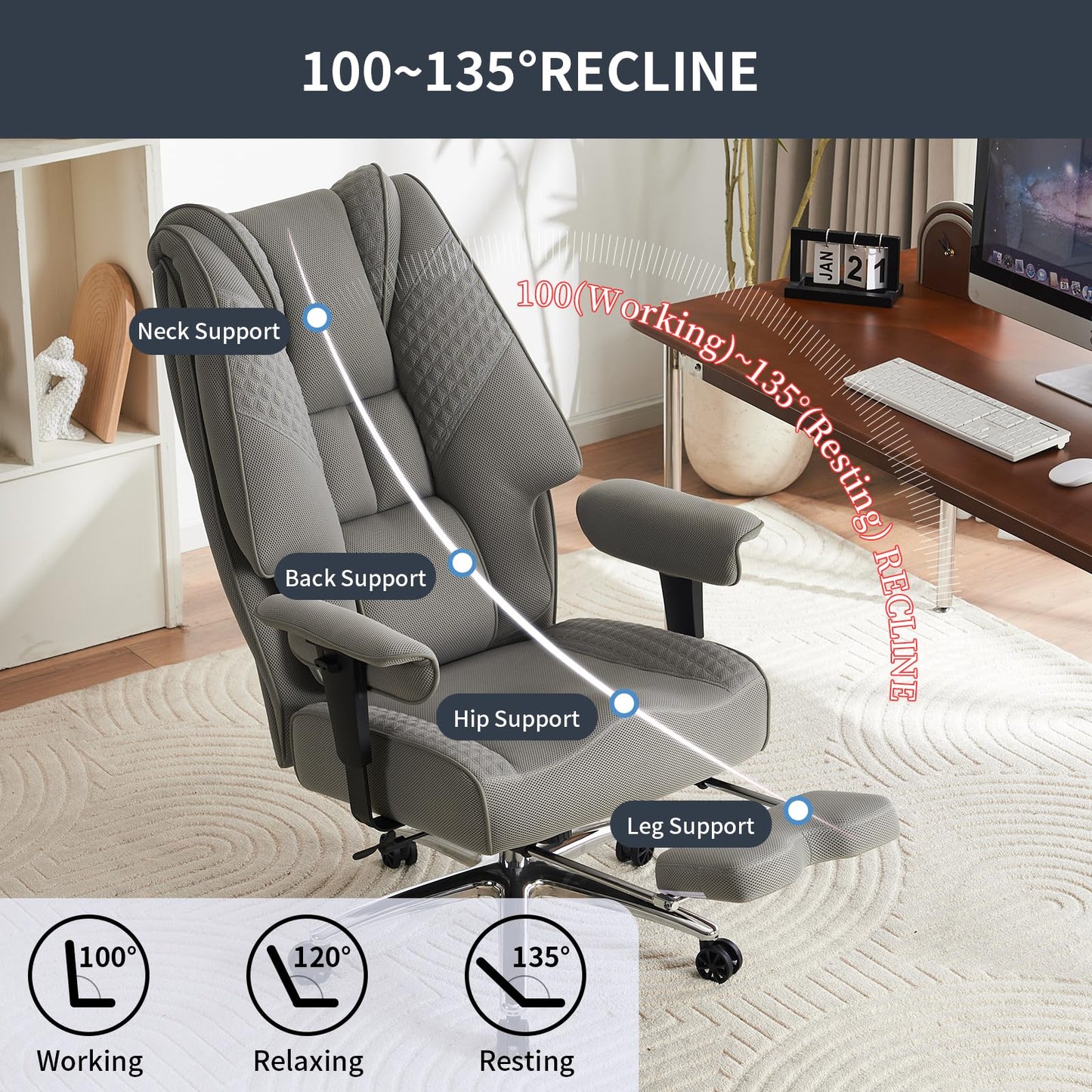 EXCEBET Big and Tall Office Chair 400lbs Wide Seat, Leather High Back Executive Office Chair with Foot Rest, Ergonomic Chairs Lumbar Support for Lower Back Pain Relief (Mesh Light Grey)