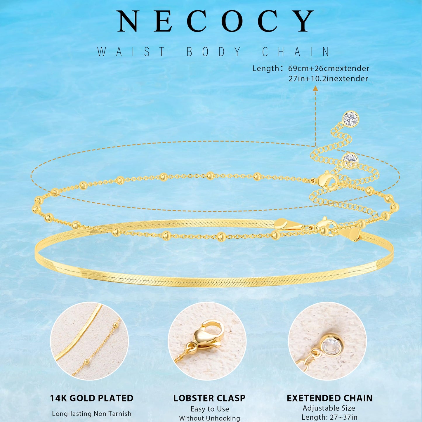 NECOCY Layered Waist Belly Body Chain for Women Trendy, 14K Gold Plated Snake Beaded Body Chain Belt Waterproof Adjustable Fashion Summer Beach Body Jewelry Accessories for Women Vacation Party