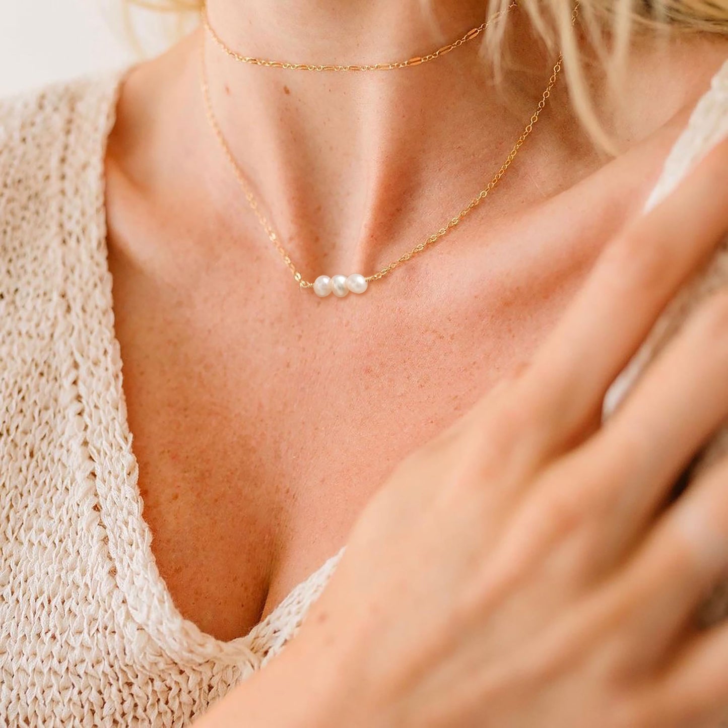 14K Gold Plated 3 Tiny Pearl Necklace for Women, Dainty Minimalist Pearl Choker, 14"+2" Adjustable Extension Chain, Delicate Layering Jewelry for Daily Wear & Gift