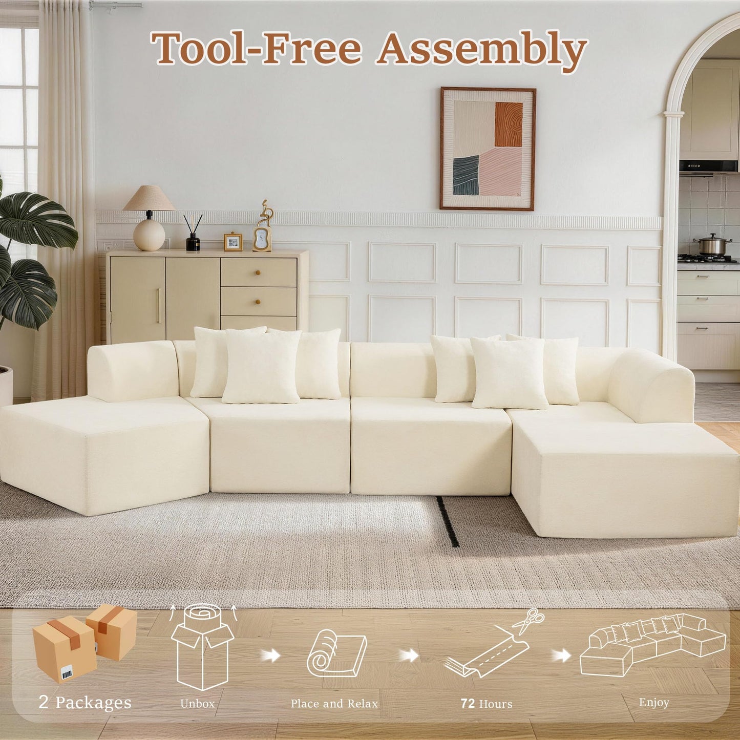 CACFTII 140" Oversized Boneless Couch, Curved Cloud Sectional Couch with L-Shape Chaise, Compressed Memory Foam Couch, Velvet Modular Sectional Sofa for Living Room, No Assembly Required, White